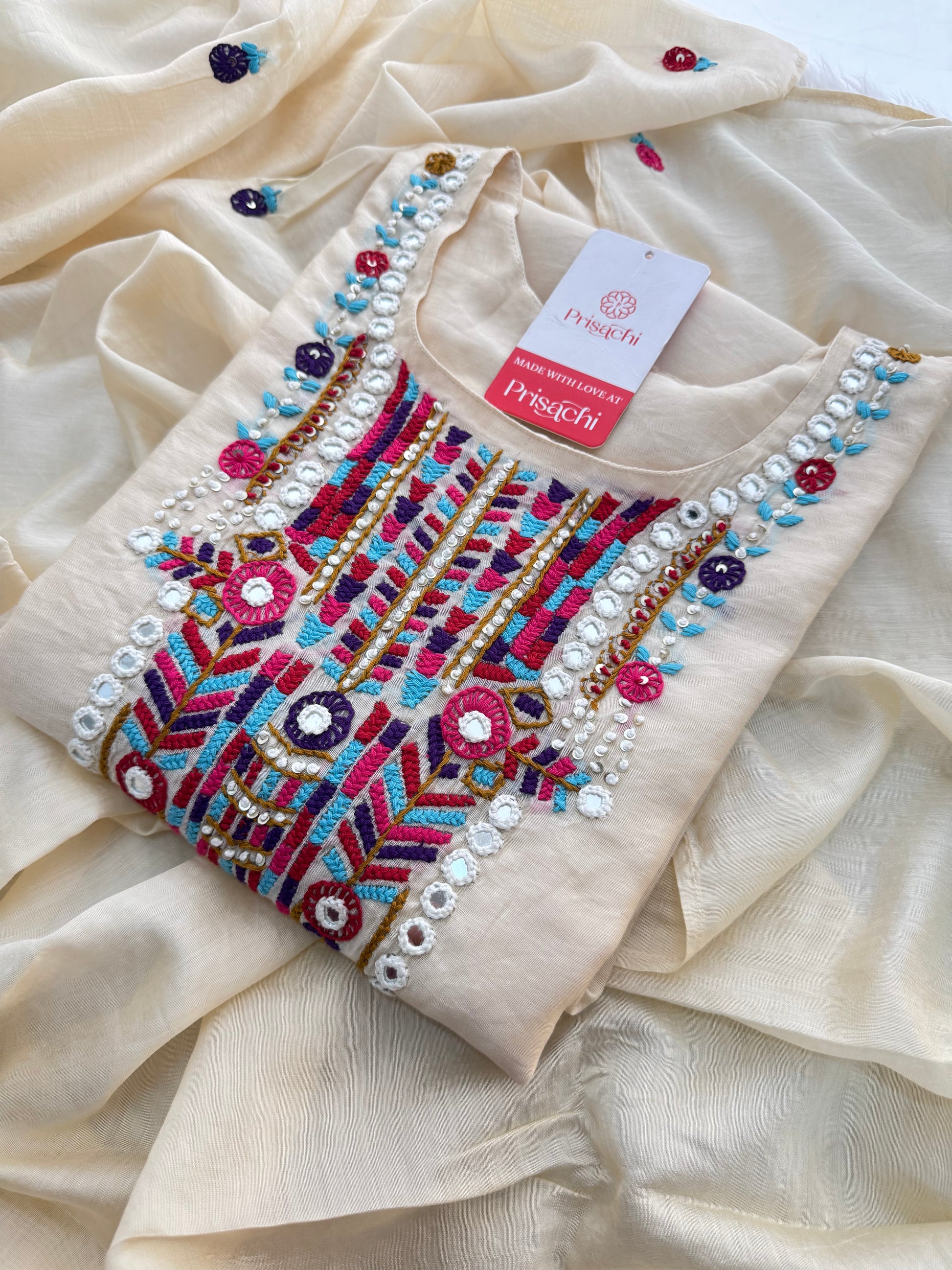 Off White Designer Embroidered Ethnic Kurta set with dupatta and Pants - Prisachi Official