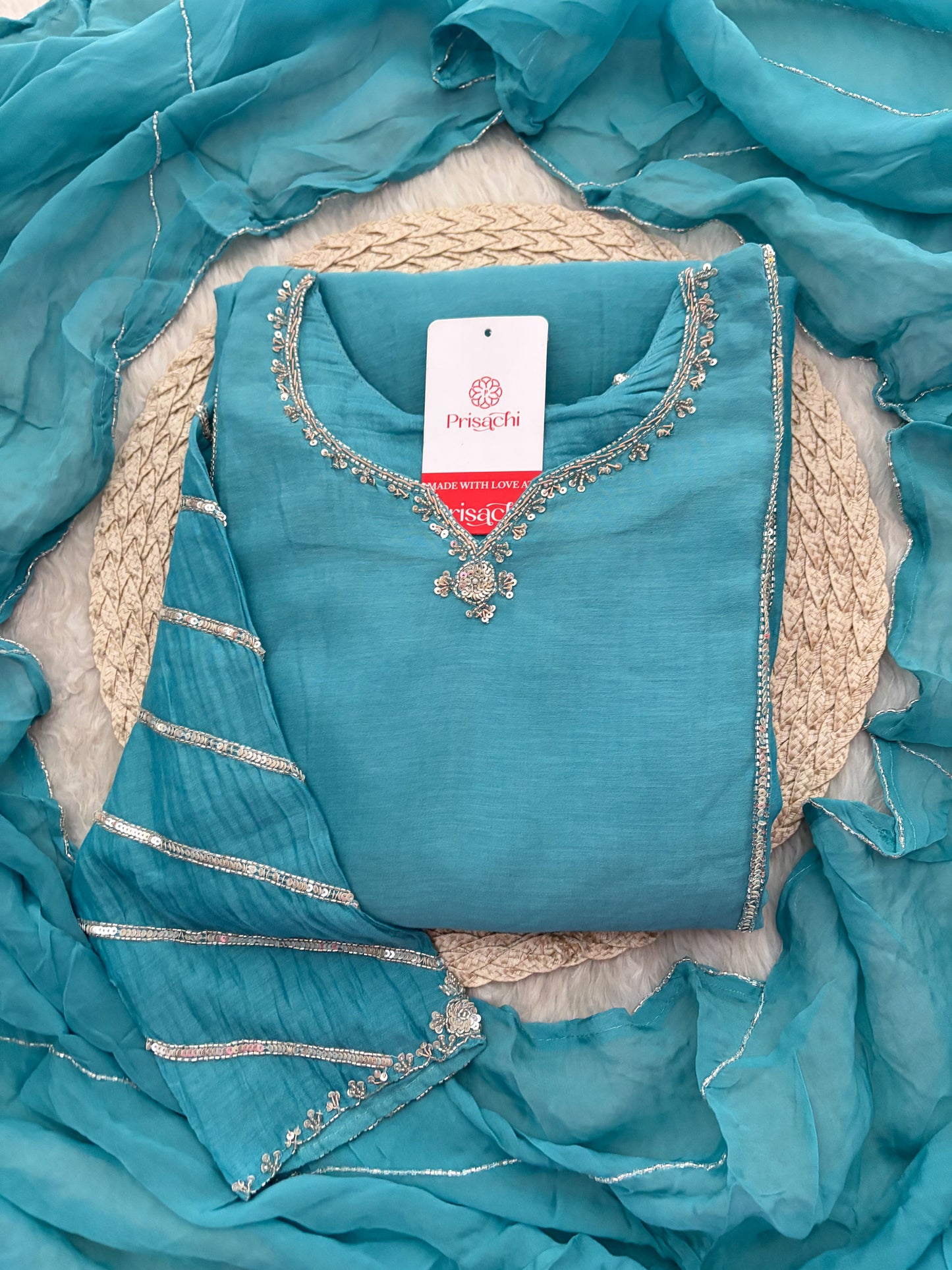 Sky Blue A-Line Embroidered Ethnic Kurta Set for Women with Pants & Dupatta