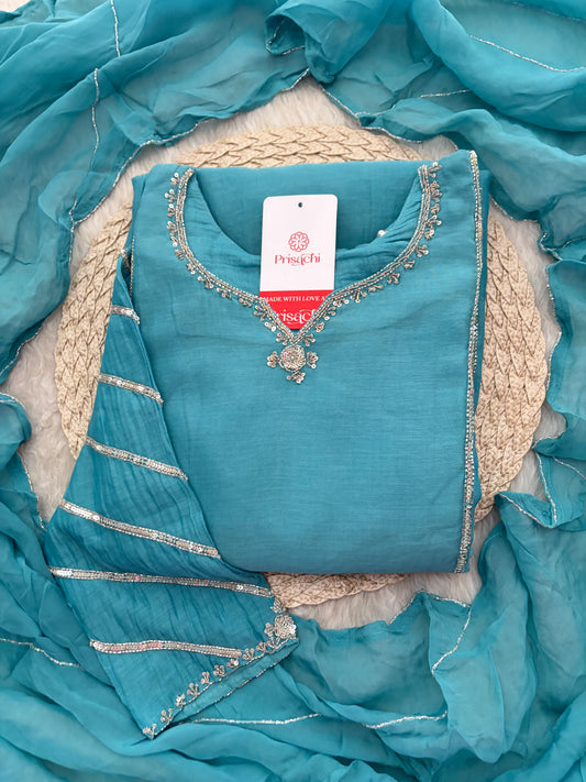 Sky Blue A-Line Embroidered Ethnic Kurta Set for Women with Pants & Dupatta