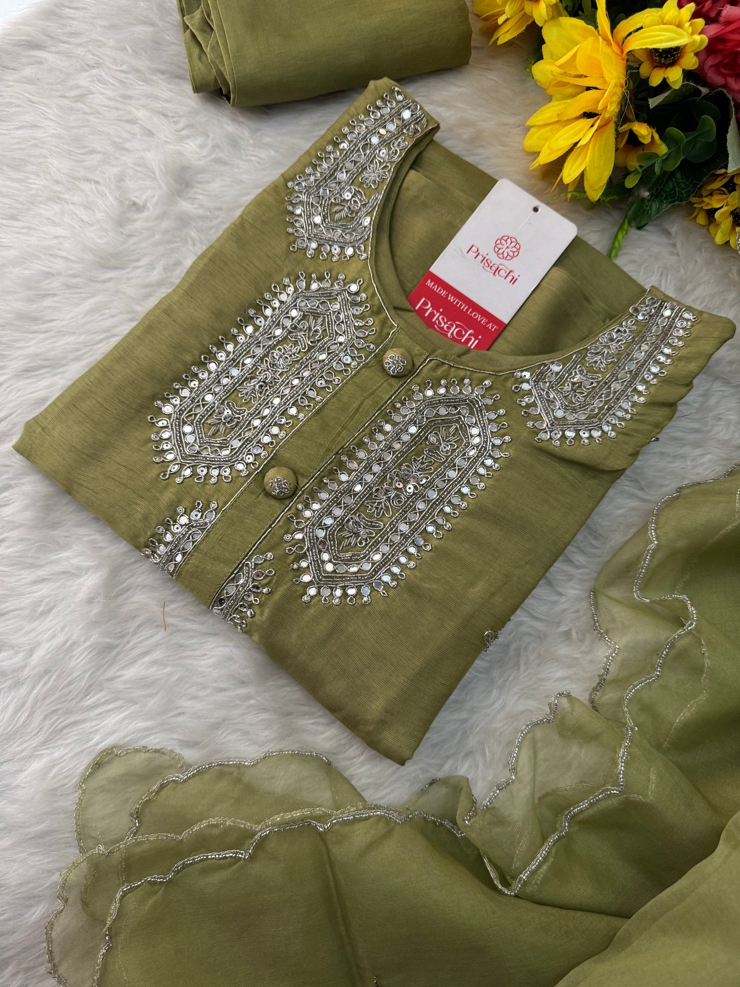 Green Designer Embroidered Kurta Set with Pants & Dupatta – Ethnic Wear for Women - Prisachi Official