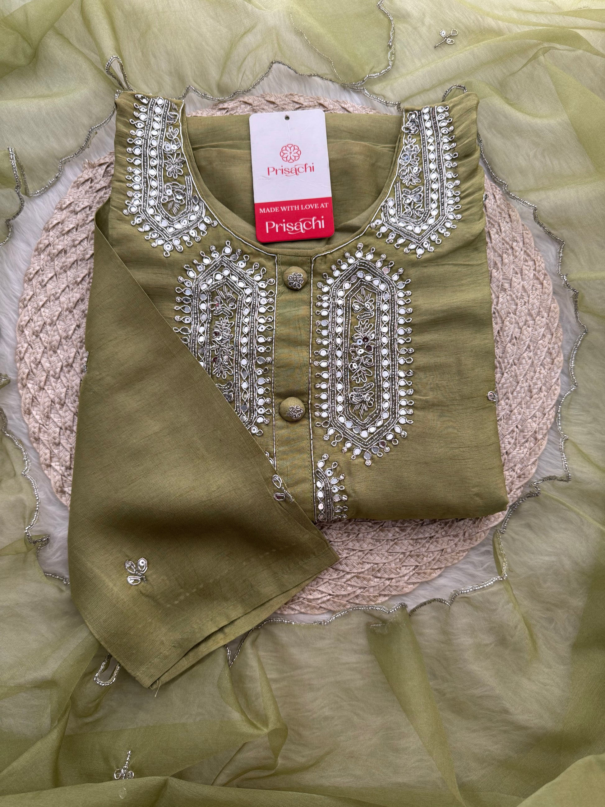 Green Designer Embroidered Kurta Set with Pants & Dupatta – Ethnic Wear for Women - Prisachi Official