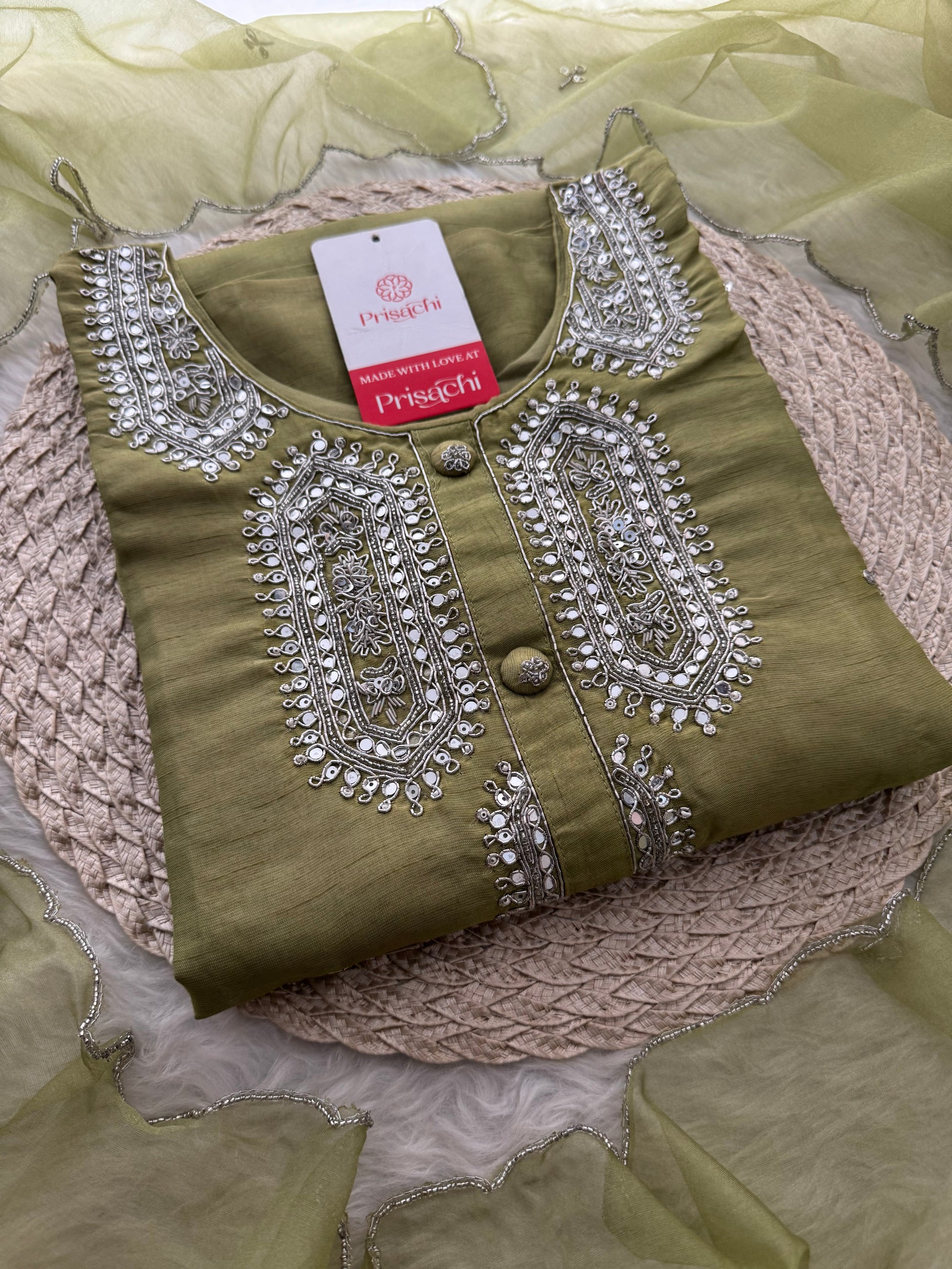 Green Designer Embroidered Kurta Set with Pants & Dupatta – Ethnic Wear for Women - Prisachi Official