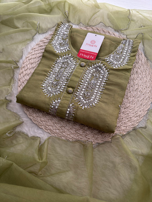 Green Designer Embroidered Kurta Set with Pants & Dupatta – Ethnic Wear for Women - Prisachi Official