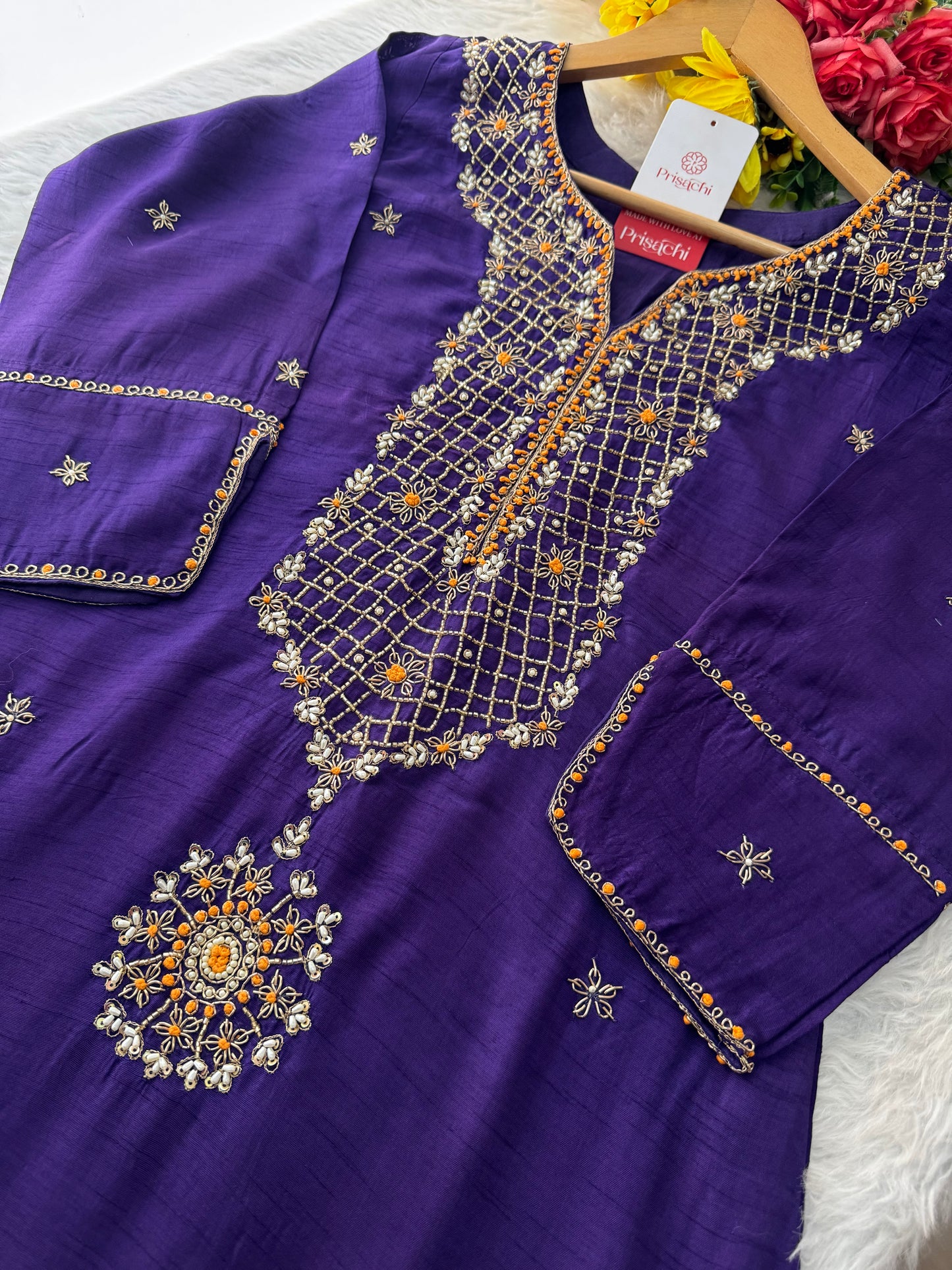 Purple Designer Ethnic Embroidered Kurta Set with Dupatta & Pants - Prisachi Official