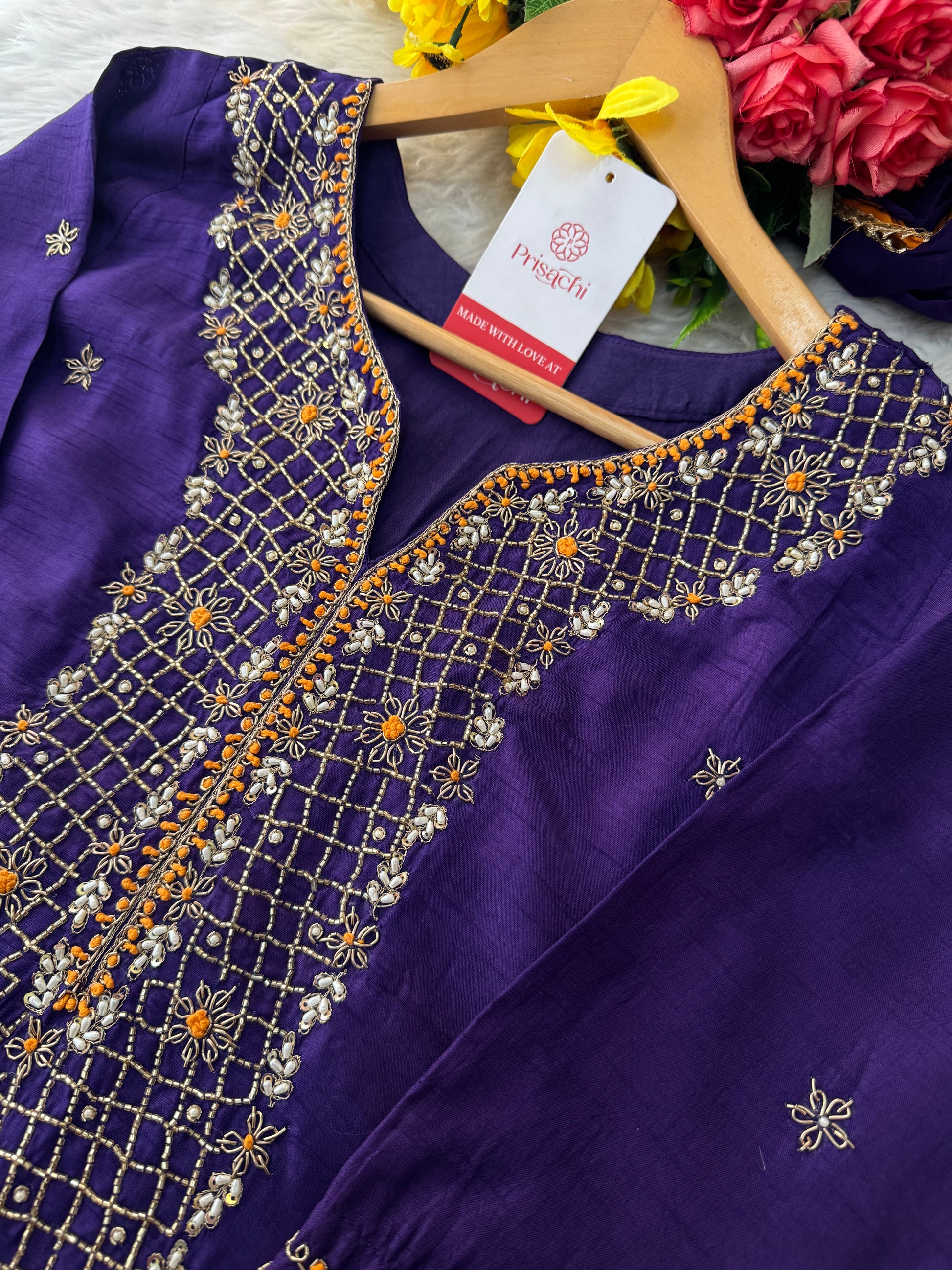 Purple Designer Ethnic Embroidered Kurta Set with Dupatta & Pants - Prisachi Official