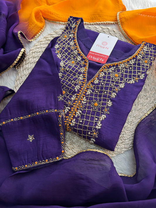 Purple Designer Ethnic Embroidered Kurta Set with Dupatta & Pants - Prisachi Official
