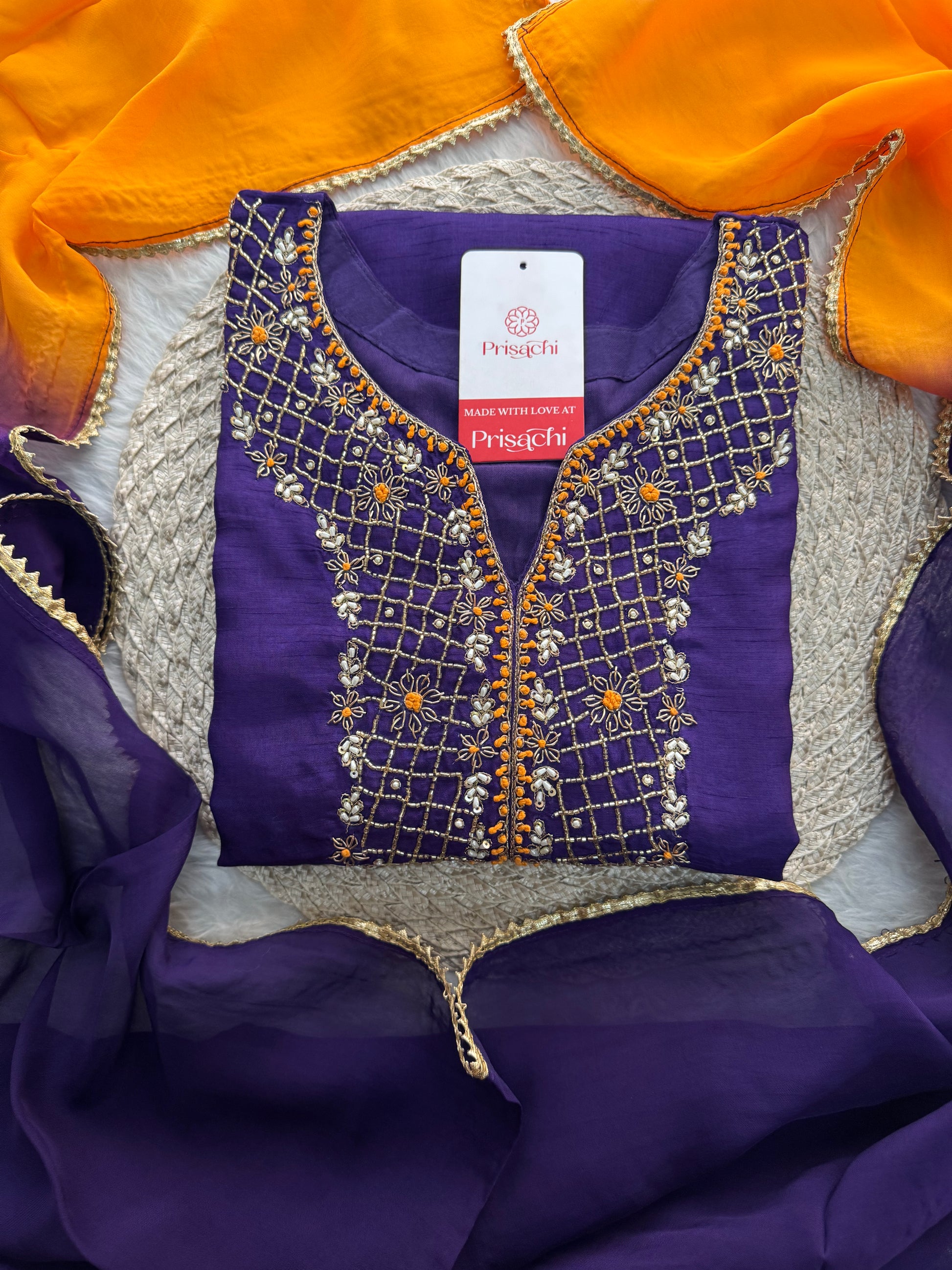 Purple Designer Ethnic Embroidered Kurta Set with Dupatta & Pants - Prisachi Official