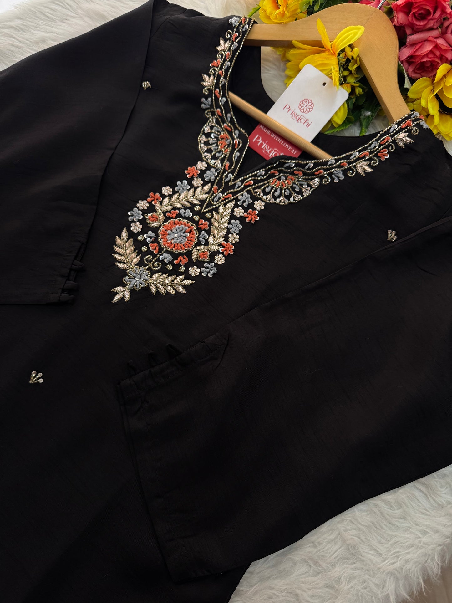 Black Designer Embroidered Kurta set with Banarasi Dupatta with Pant - Prisachi Official