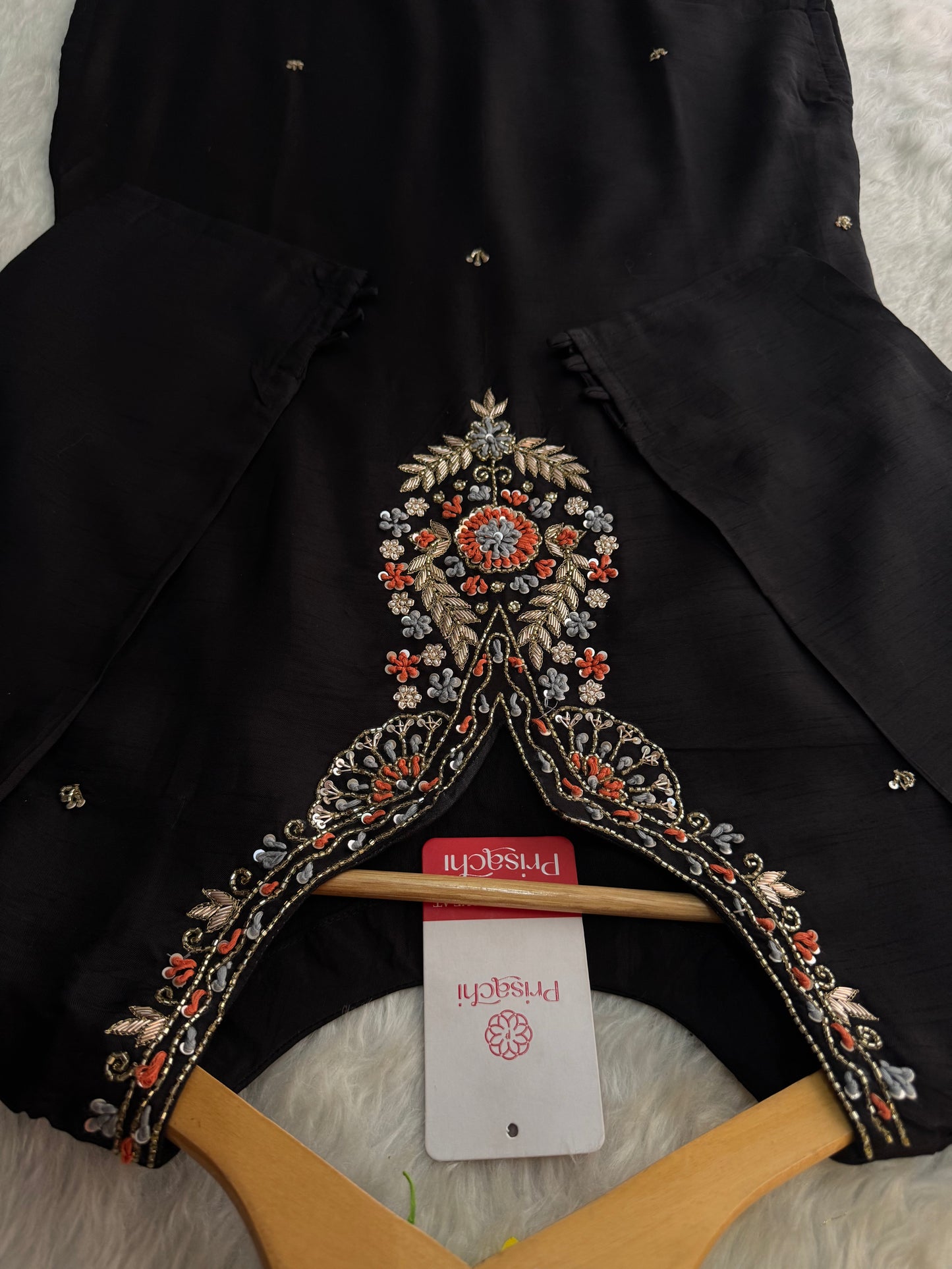 Black Designer Embroidered Kurta set with Banarasi Dupatta with Pant - Prisachi Official
