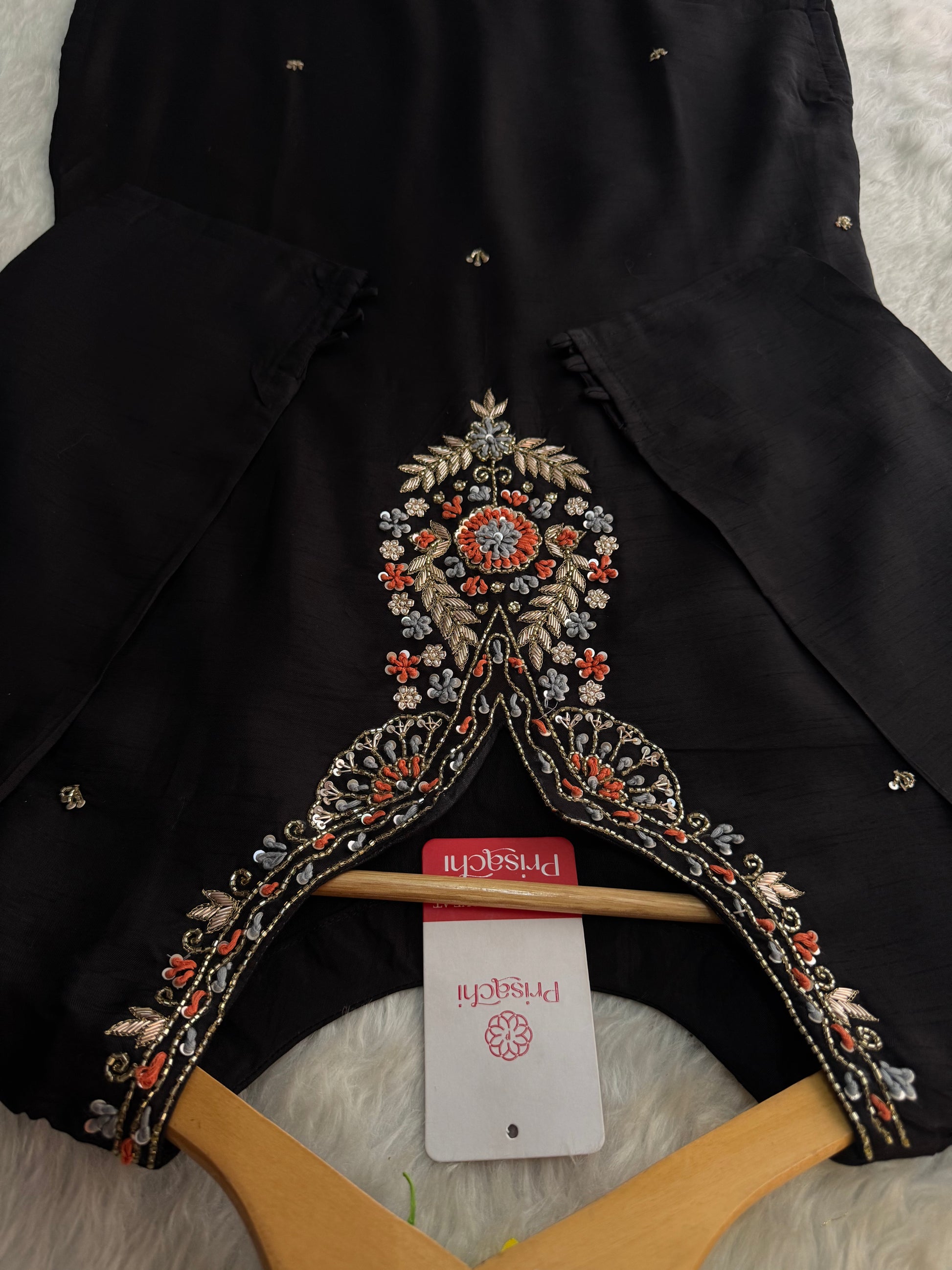 Black Designer Embroidered Kurta set with Banarasi Dupatta with Pant - Prisachi Official