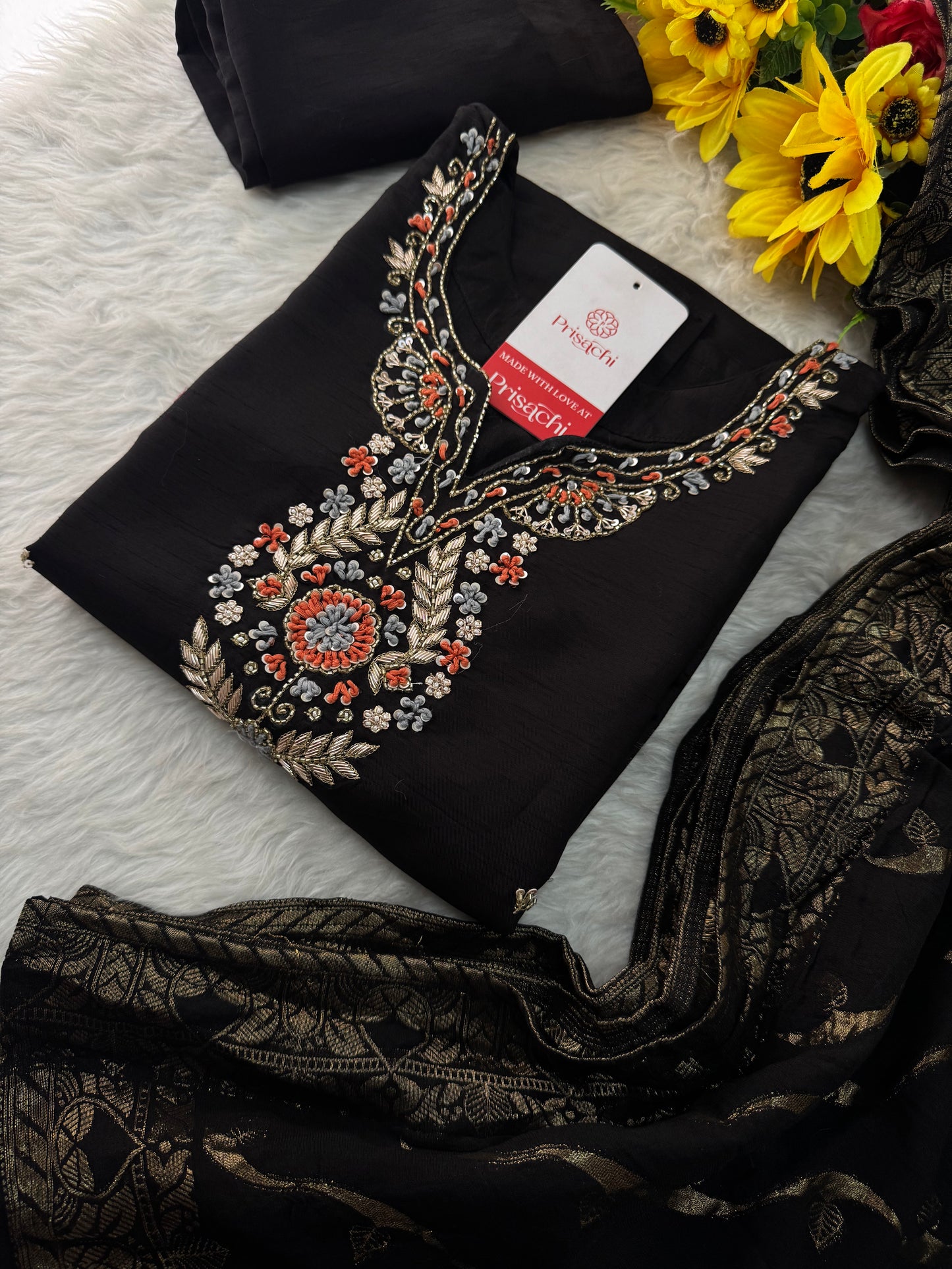 Black Designer Embroidered Kurta set with Banarasi Dupatta with Pant - Prisachi Official