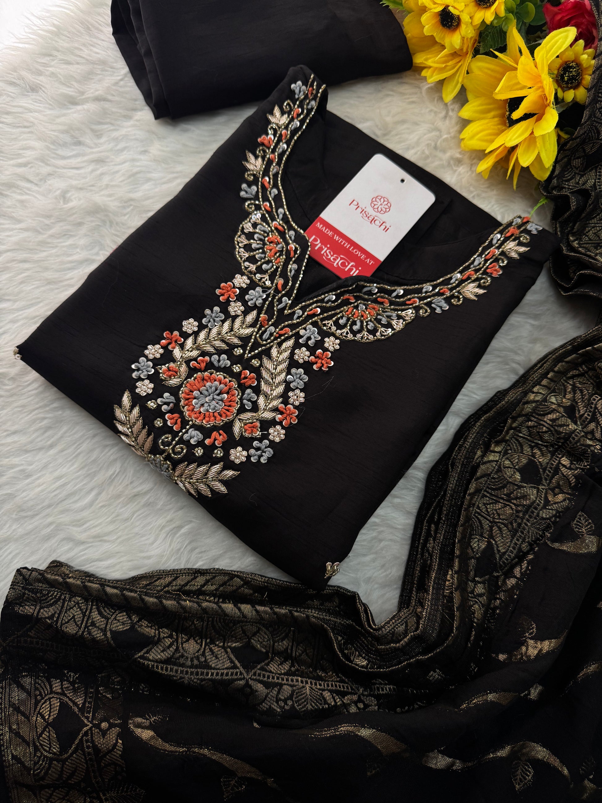 Black Designer Embroidered Kurta set with Banarasi Dupatta with Pant - Prisachi Official
