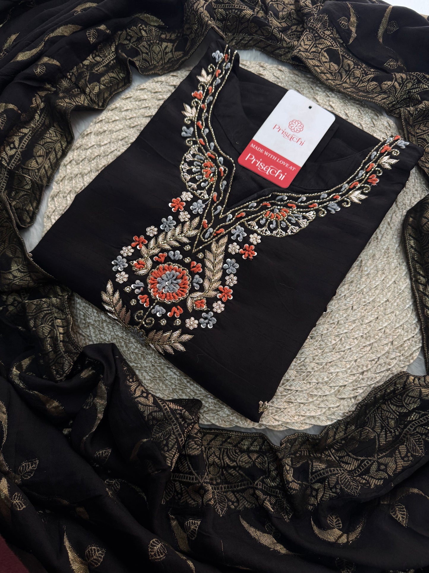 Black Designer Embroidered Kurta set with Banarasi Dupatta with Pant - Prisachi Official
