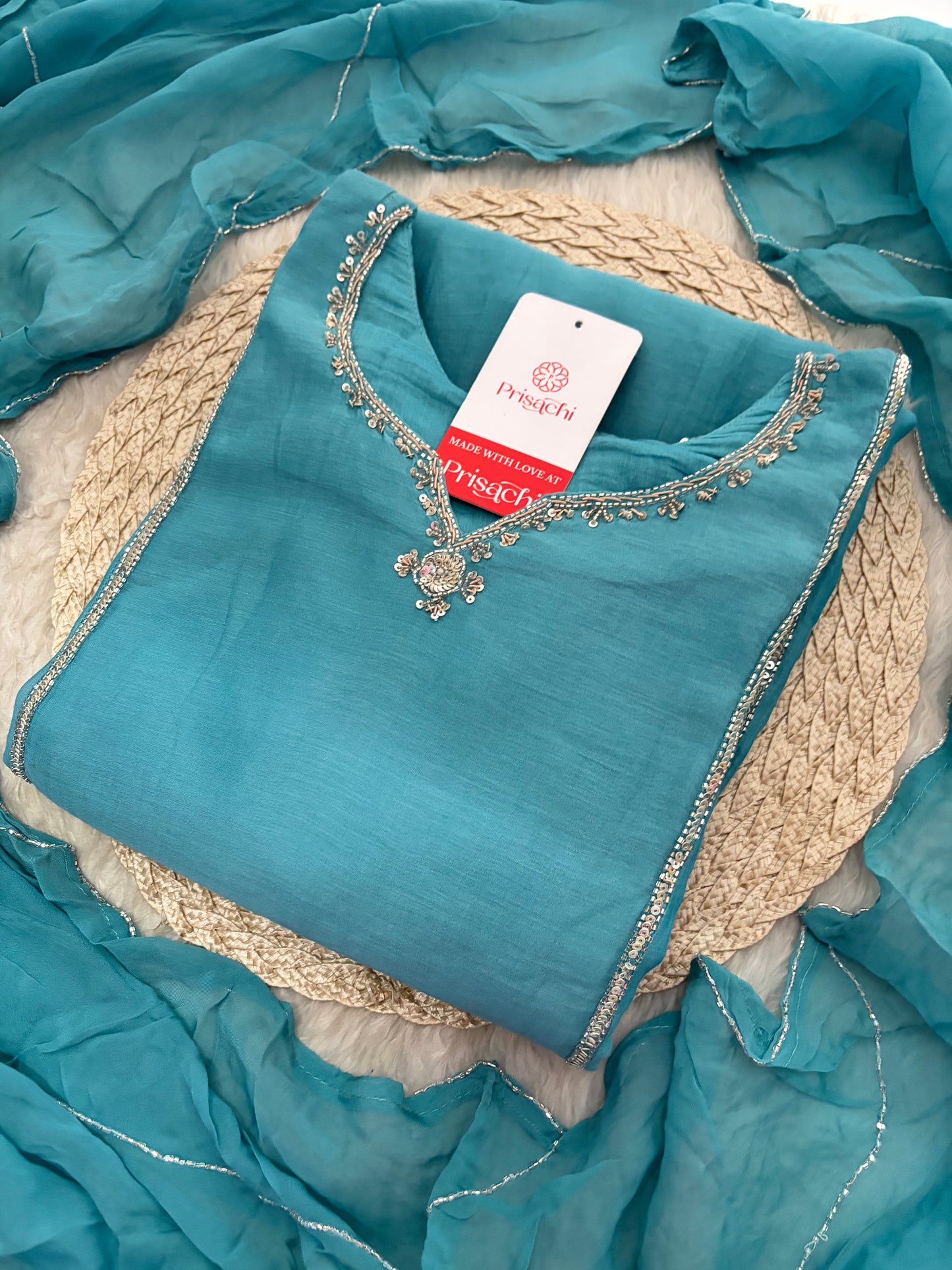 Sky Blue A-Line Embroidered Ethnic Kurta Set for Women with Pants & Dupatta