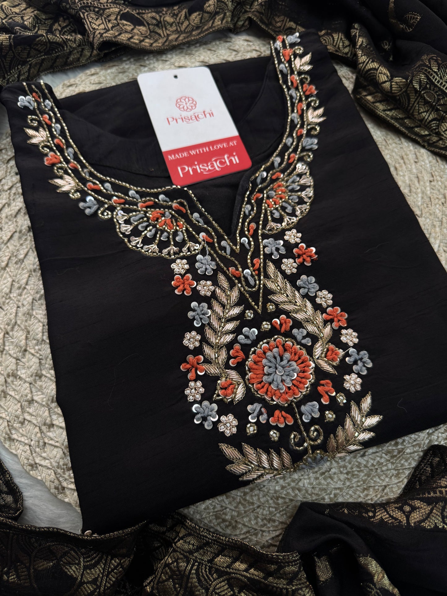 Black Designer Embroidered Kurta set with Banarasi Dupatta with Pant - Prisachi Official