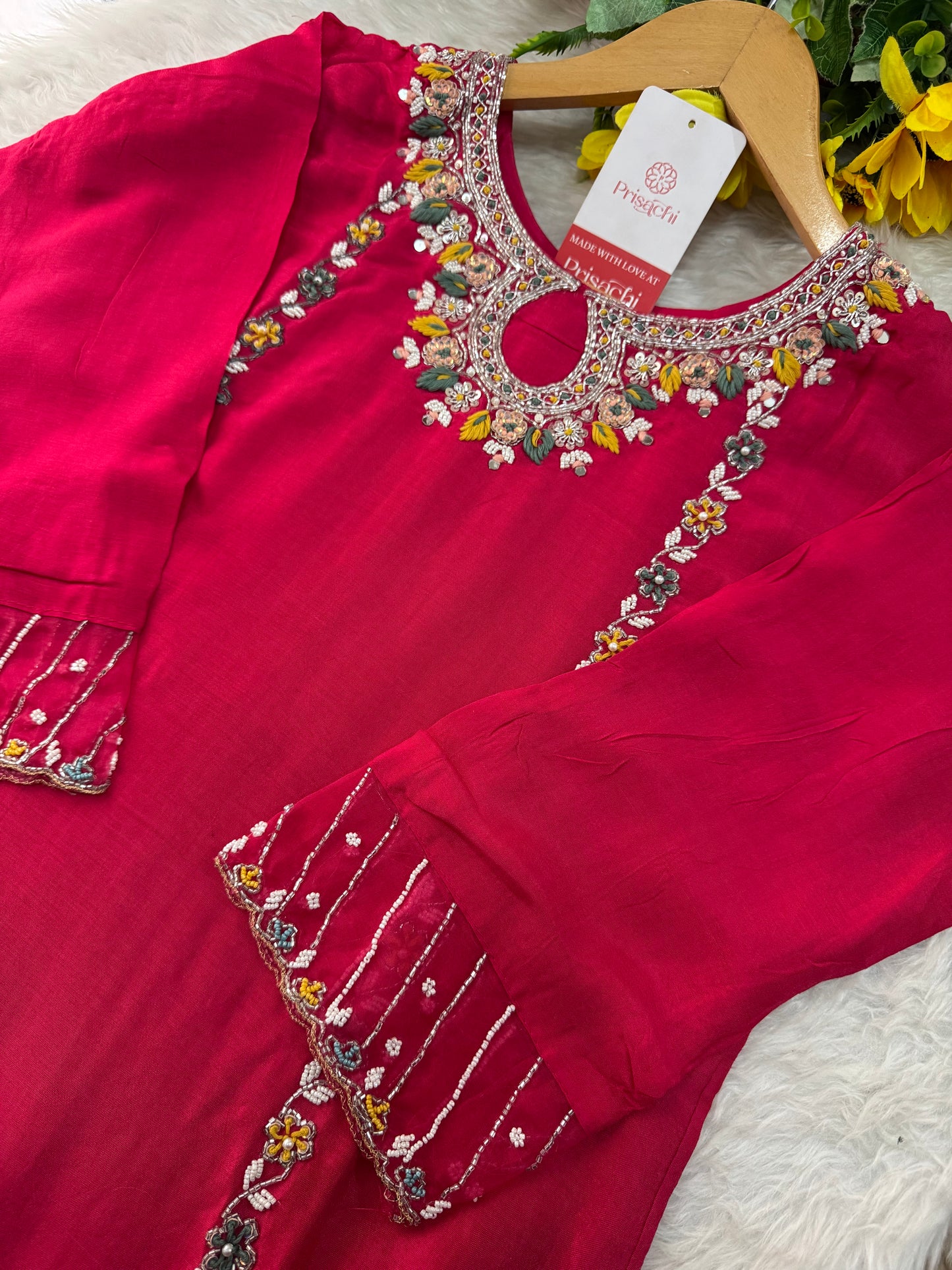 Pink Designer Embroidered Ethnic Kurta Set with Pants & Dupatta - Prisachi Official