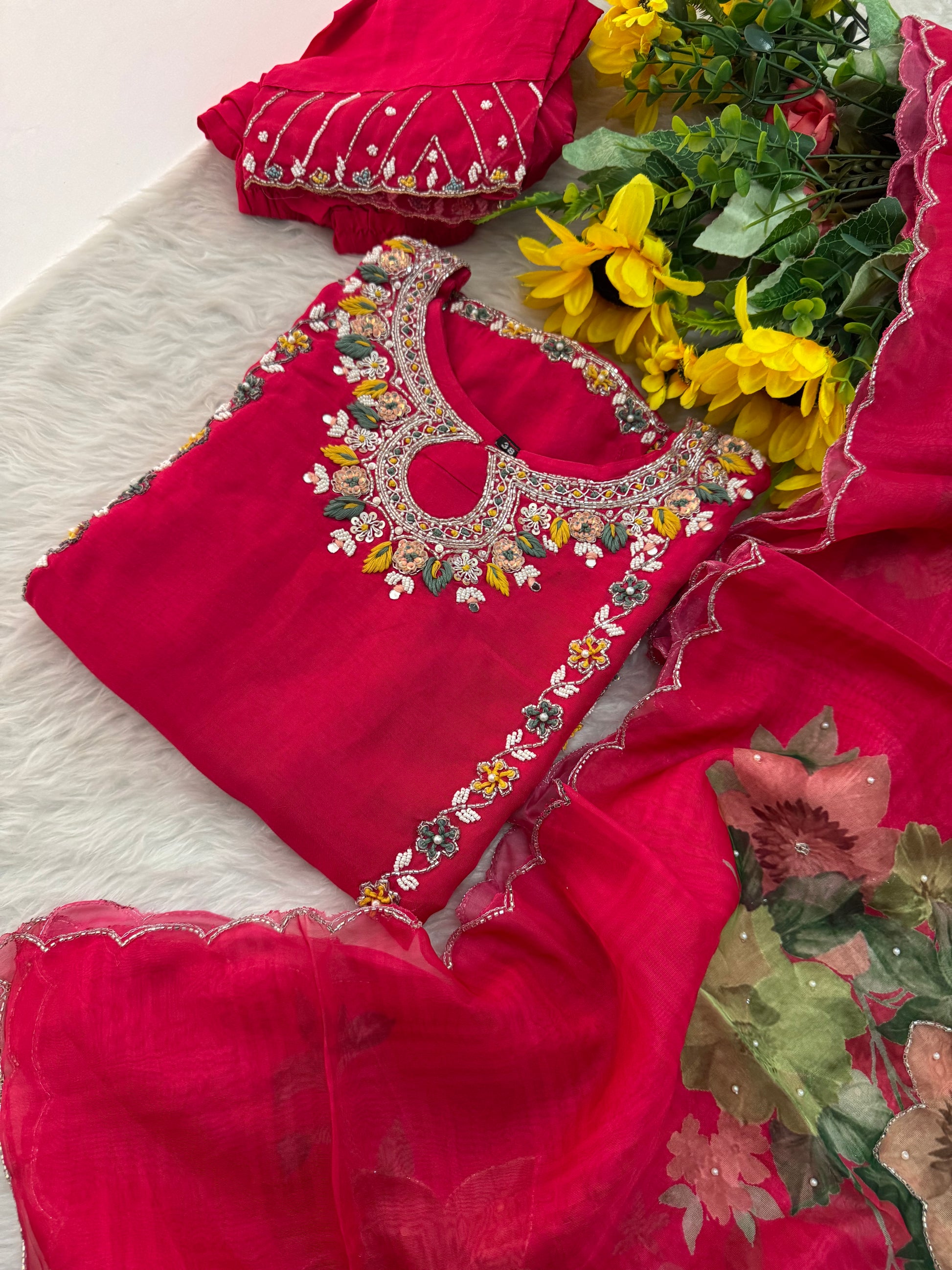 Pink Designer Embroidered Ethnic Kurta Set with Pants & Dupatta - Prisachi Official