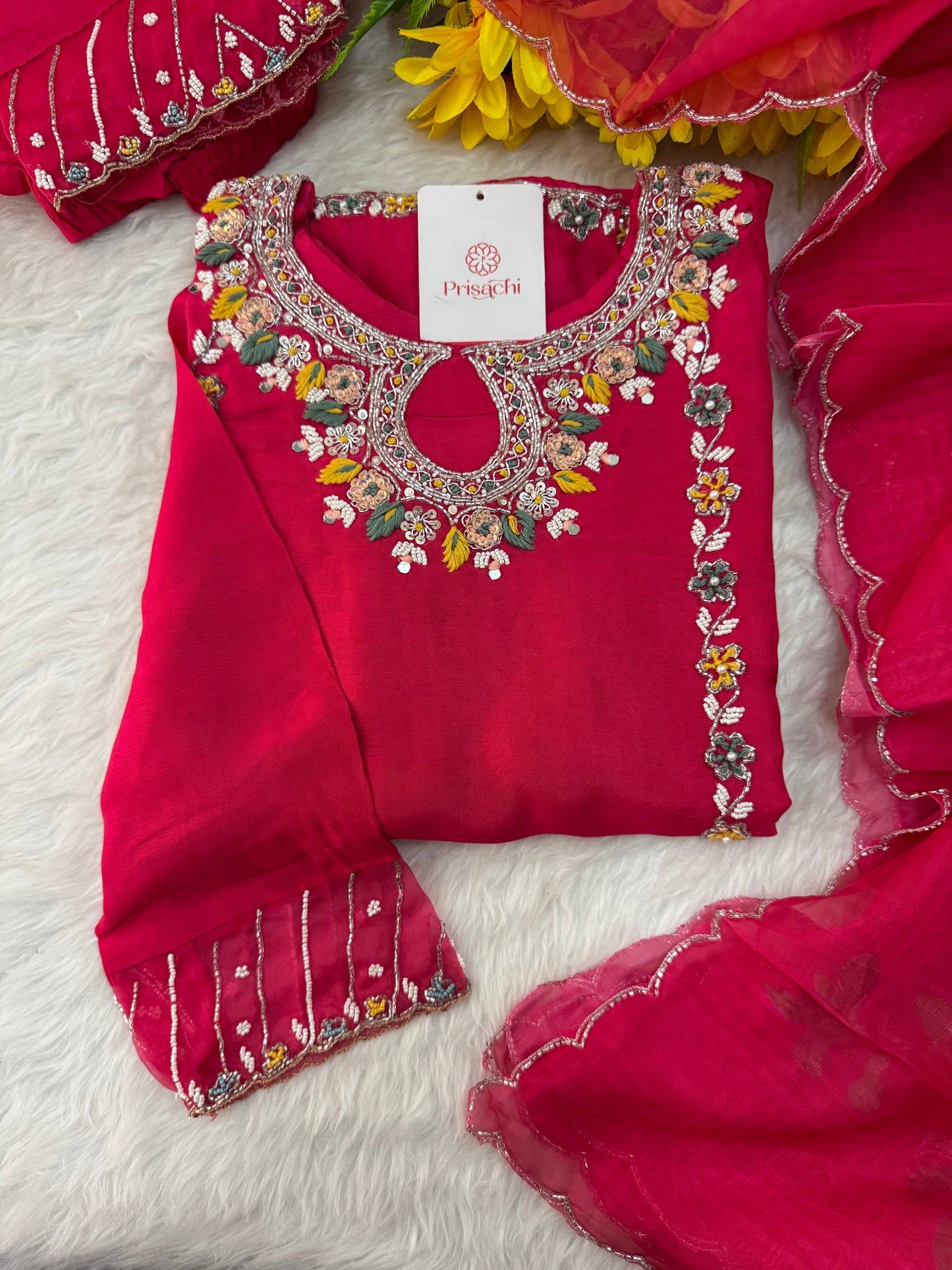 Pink Designer Embroidered Ethnic Kurta Set with Pants & Dupatta - Prisachi Official