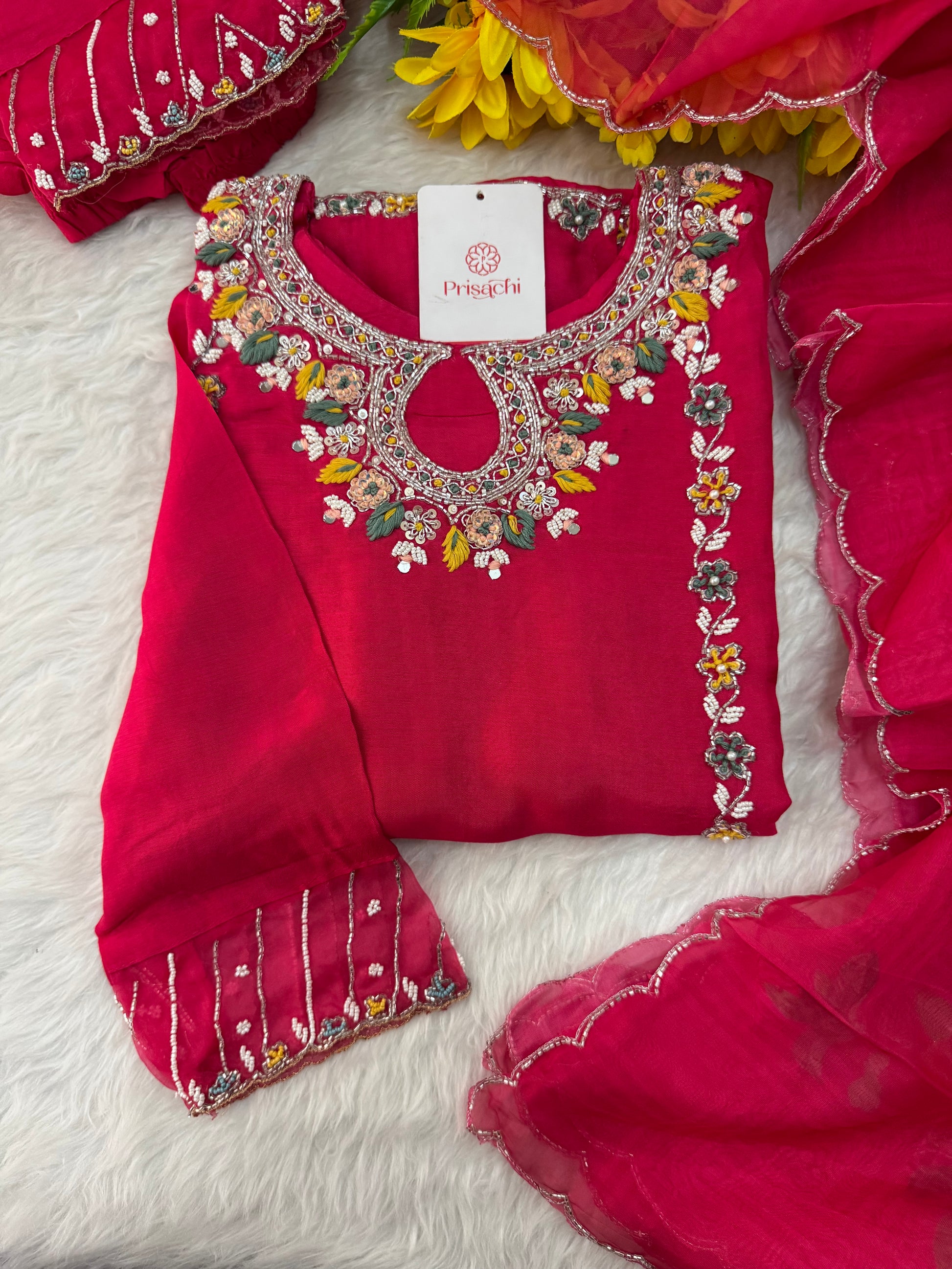 Pink Designer Embroidered Ethnic Kurta Set with Pants & Dupatta - Prisachi Official