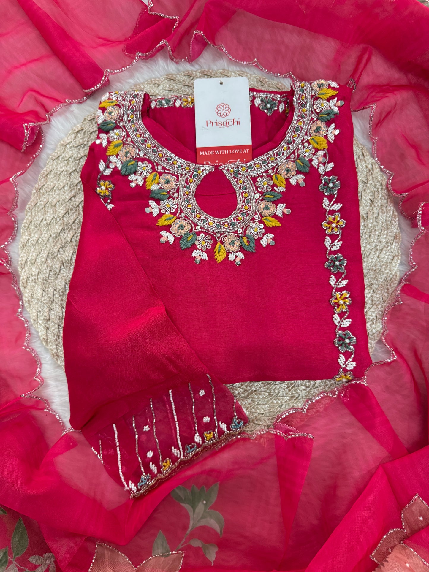 Pink Designer Embroidered Ethnic Kurta Set with Pants & Dupatta - Prisachi Official