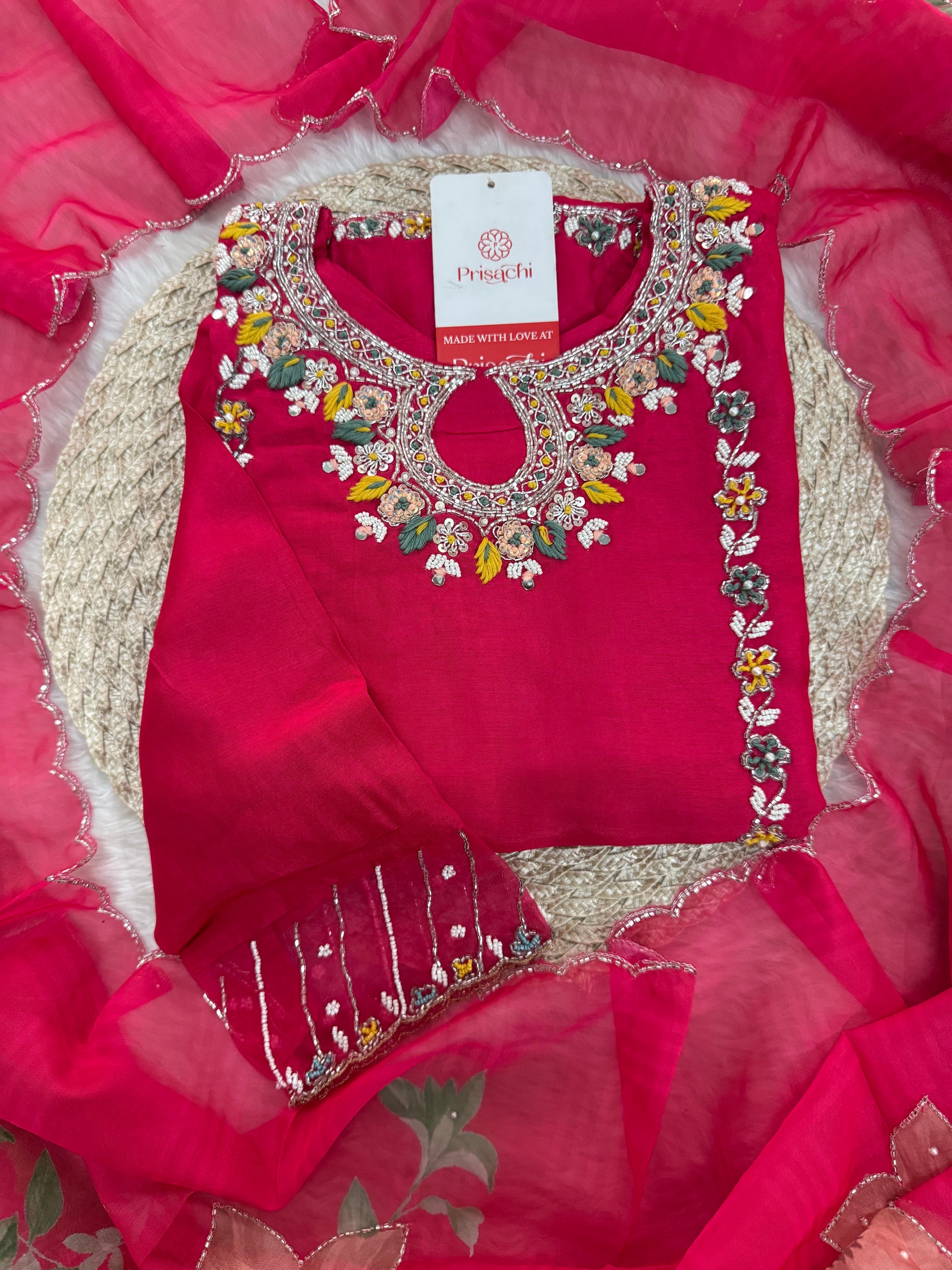 Pink Designer Embroidered Ethnic Kurta Set with Pants & Dupatta - Prisachi Official