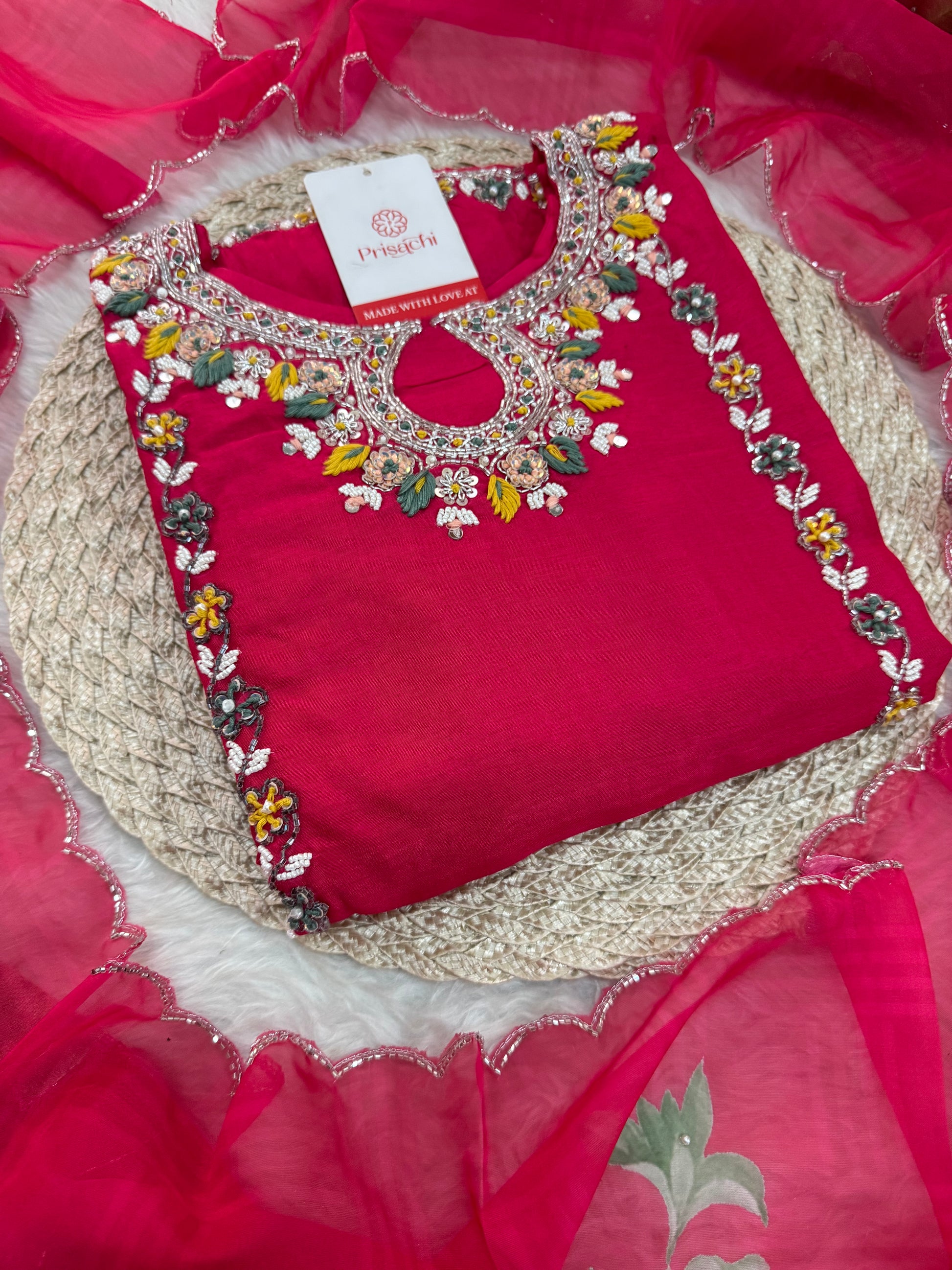Pink Designer Embroidered Ethnic Kurta Set with Pants & Dupatta - Prisachi Official