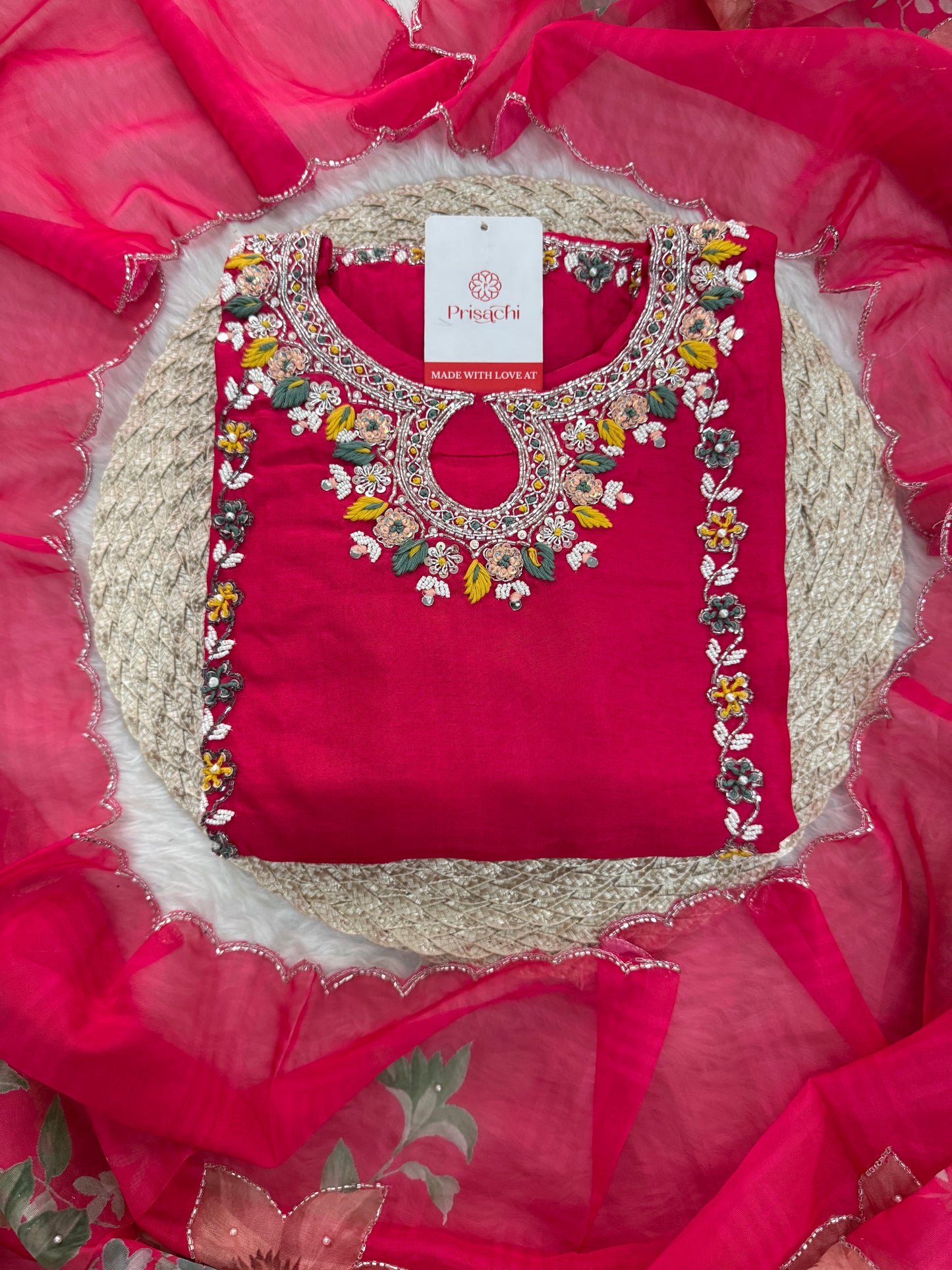 Pink Designer Embroidered Ethnic Kurta Set with Pants & Dupatta - Prisachi Official