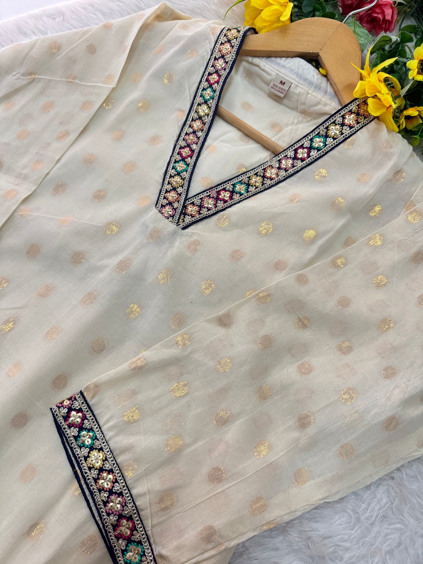Off White Designer Embroidered Ethnic Kurta set with Pants and Dupatta - Prisachi Official