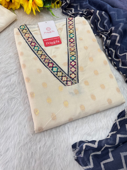 Off White Designer Embroidered Ethnic Kurta set with Pants and Dupatta - Prisachi Official