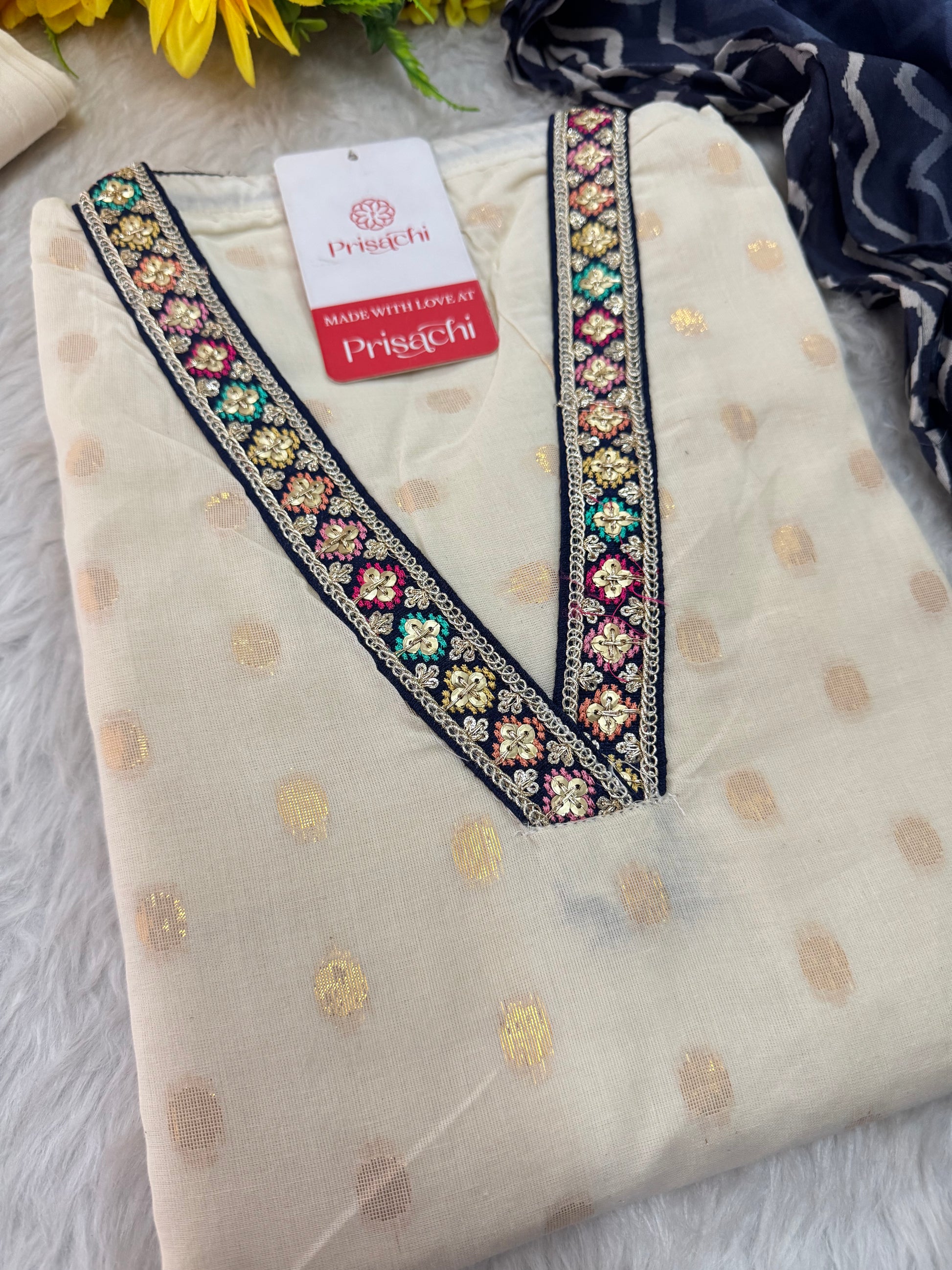 Off White Designer Embroidered Ethnic Kurta set with Pants and Dupatta - Prisachi Official