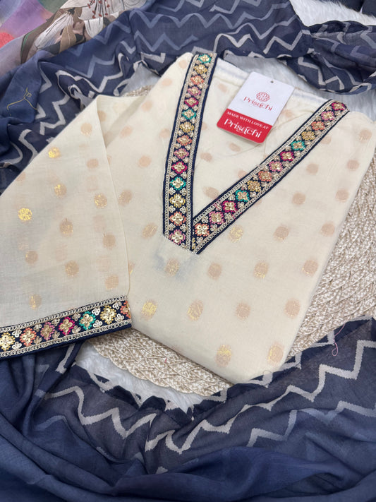 Off White Designer Embroidered Ethnic Kurta set with Pants and Dupatta - Prisachi Official