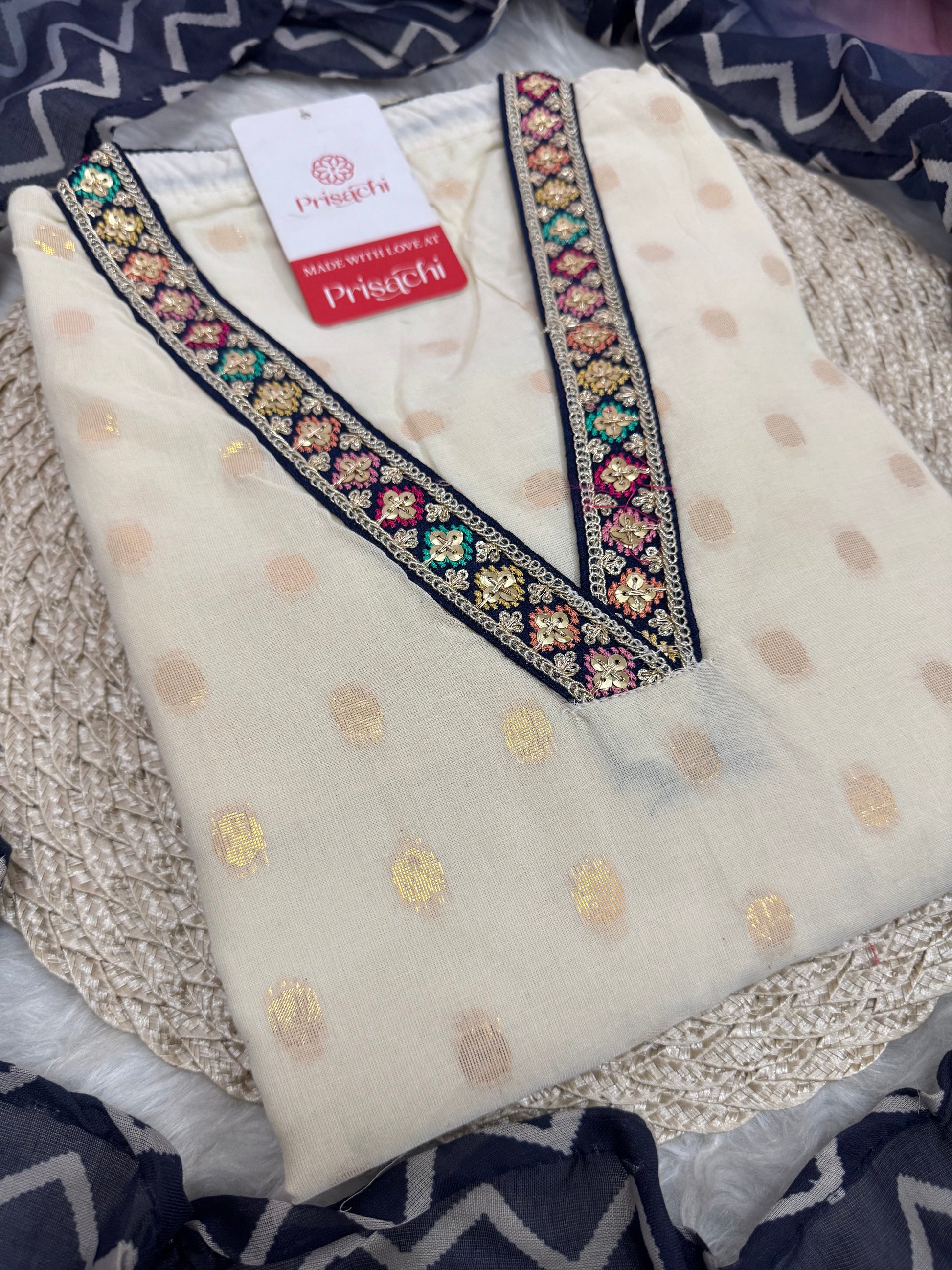 Off White Designer Embroidered Ethnic Kurta set with Pants and Dupatta - Prisachi Official