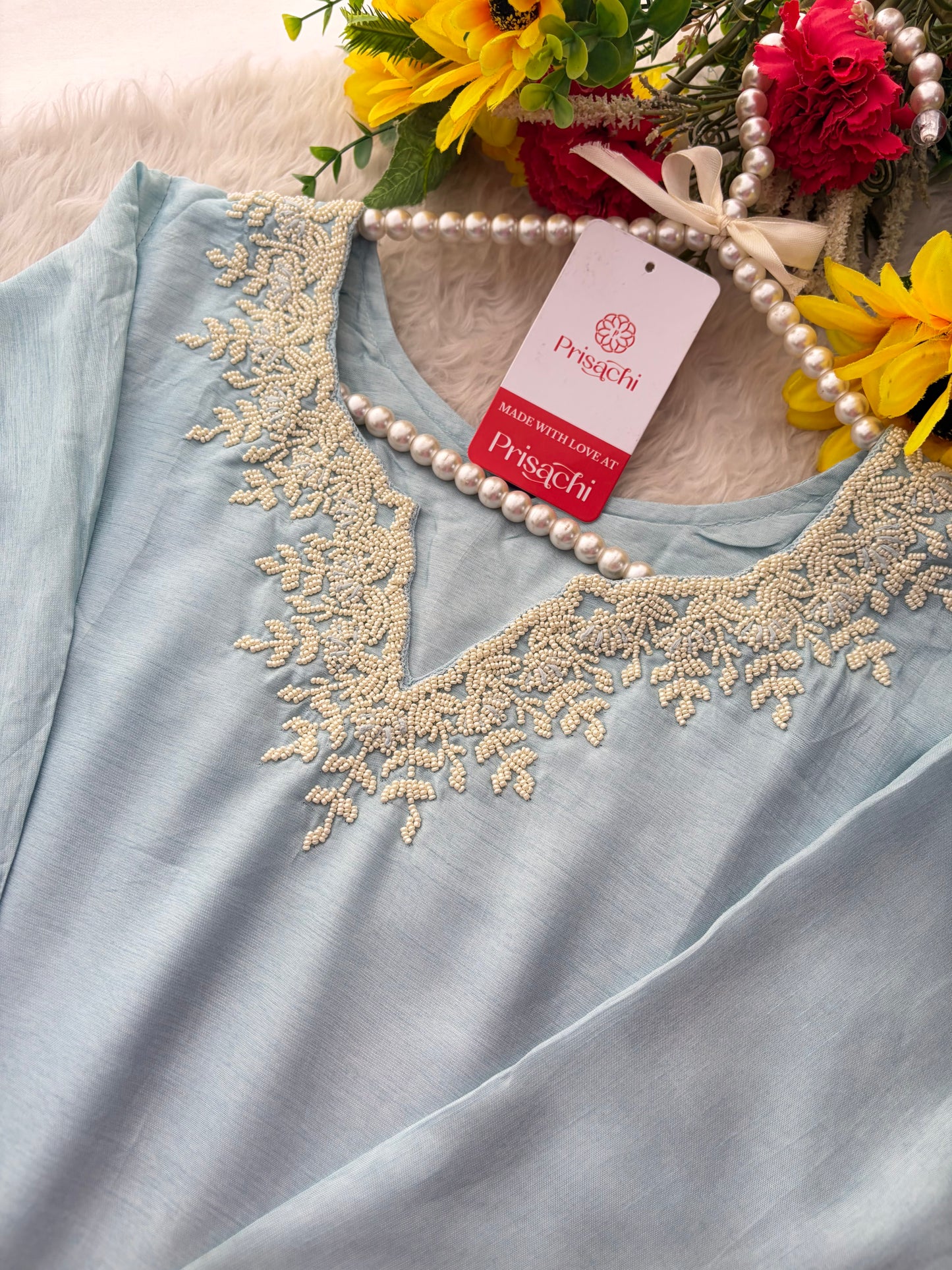 Pastel Blue Embroidered Ethnic Kurta set with Pants and Dupatta For Women's | Festive Party Wear Suit Set