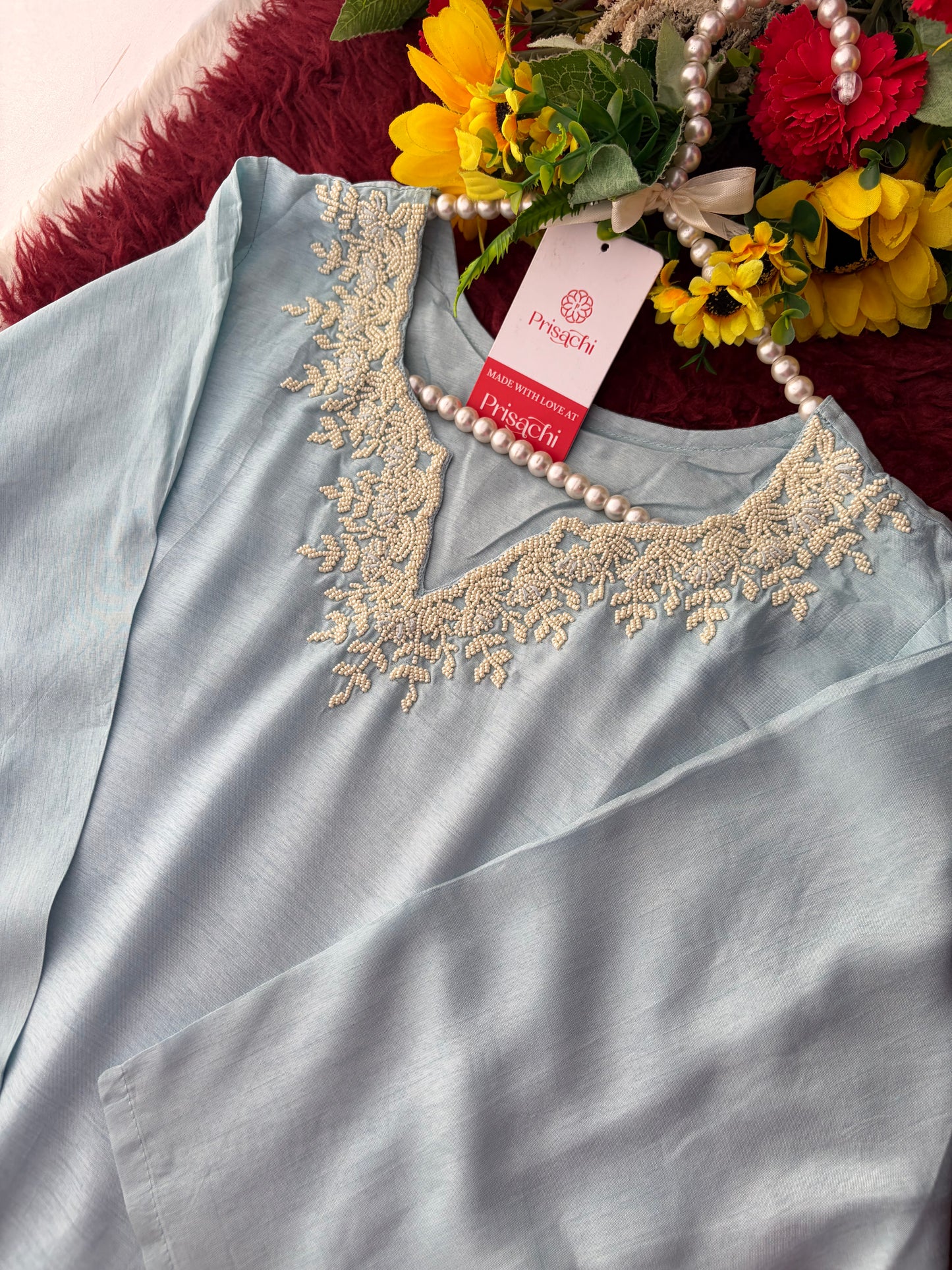 Pastel Blue Embroidered Ethnic Kurta set with Pants and Dupatta For Women's | Festive Party Wear Suit Set