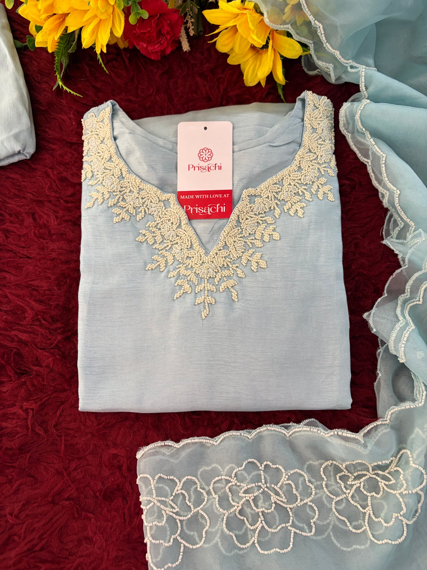 Pastel Blue Embroidered Ethnic Kurta set with Pants and Dupatta For Women's | Festive Party Wear Suit Set