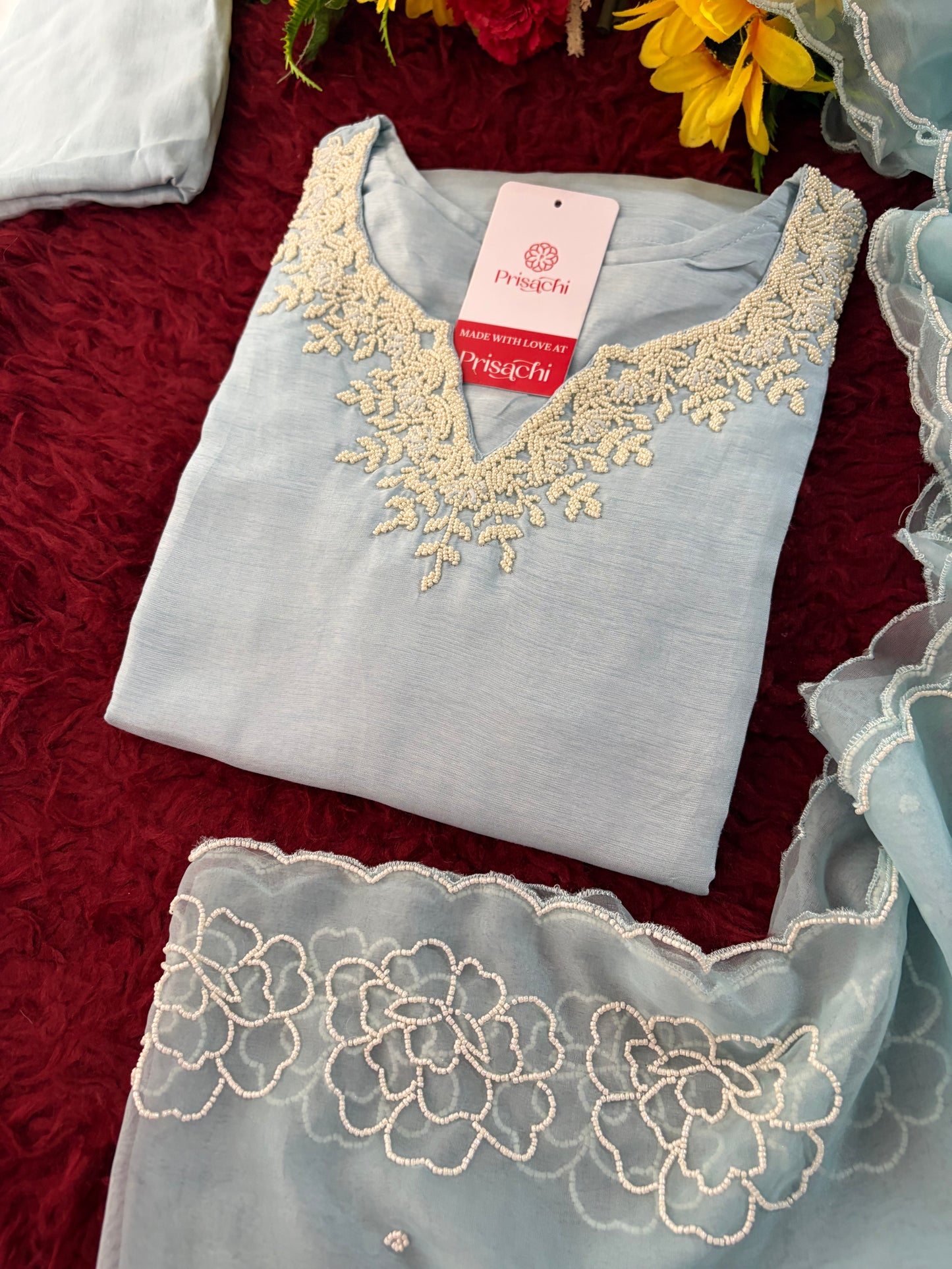 Pastel Blue Embroidered Ethnic Kurta set with Pants and Dupatta For Women's | Festive Party Wear Suit Set