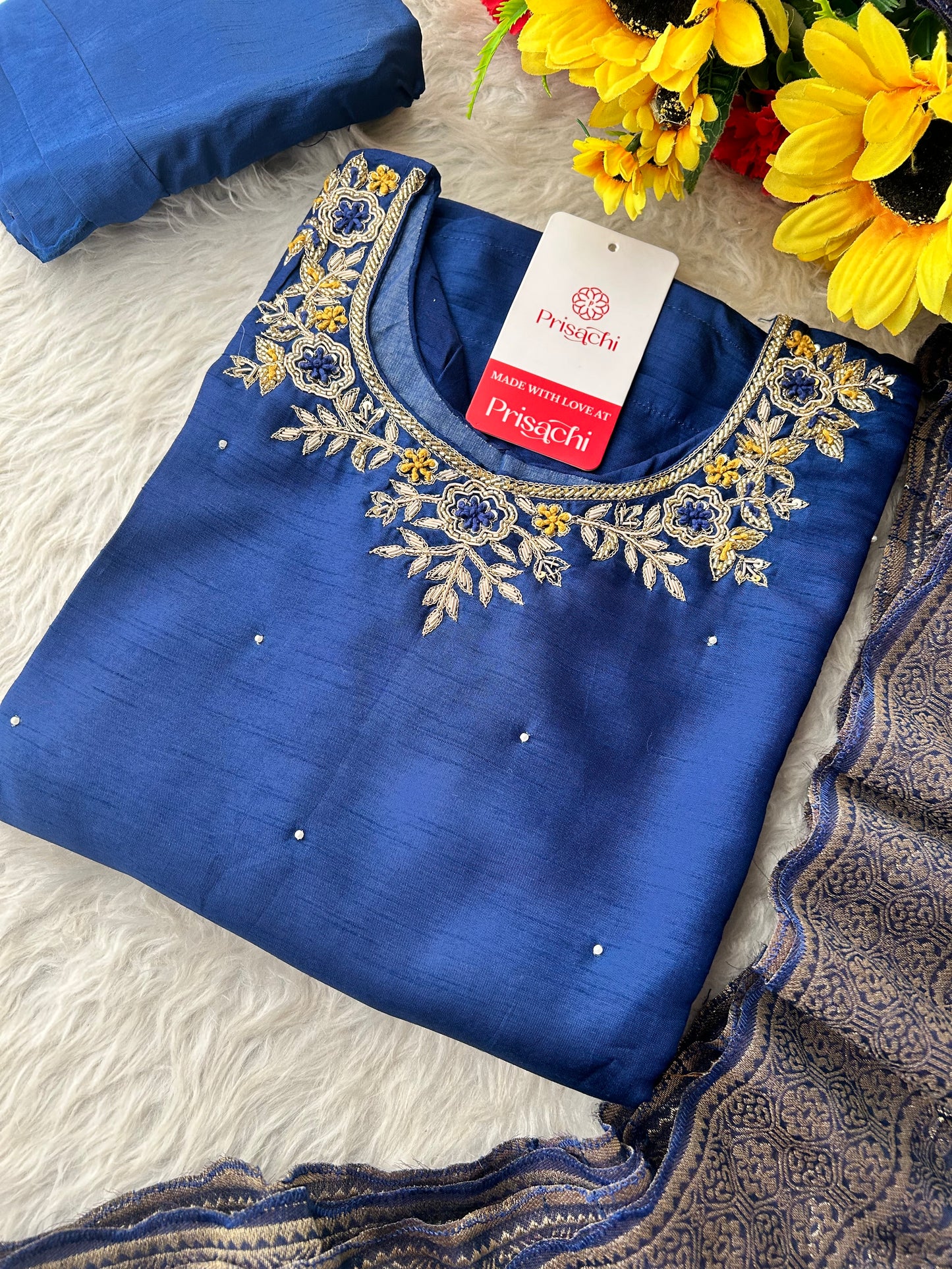 Blue Embroidered Kurta Set with Banarasi Dupatta & Pants | Hand Embroidery Ethnic Suit Set