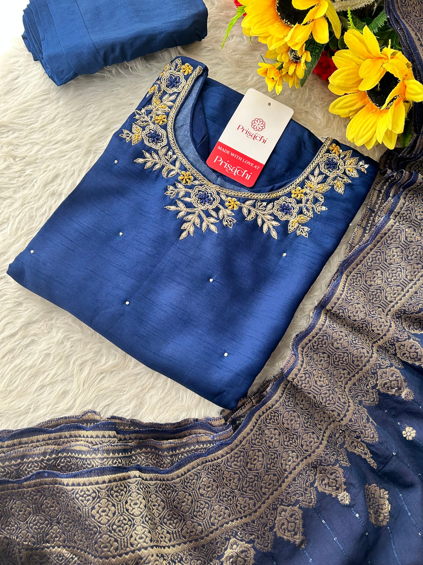 Blue Embroidered Kurta Set with Banarasi Dupatta & Pants | Hand Embroidery Ethnic Suit Set