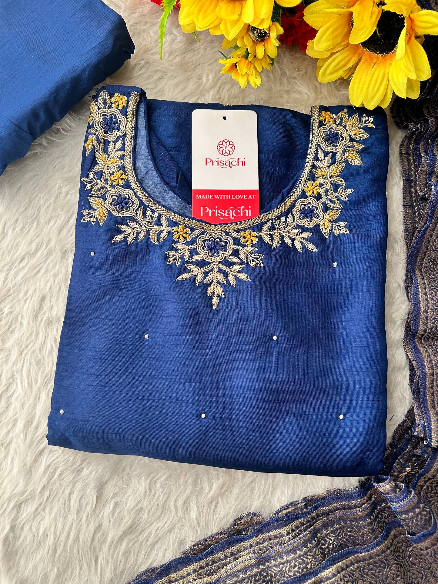 Blue Embroidered Kurta Set with Banarasi Dupatta & Pants | Hand Embroidery Ethnic Suit Set