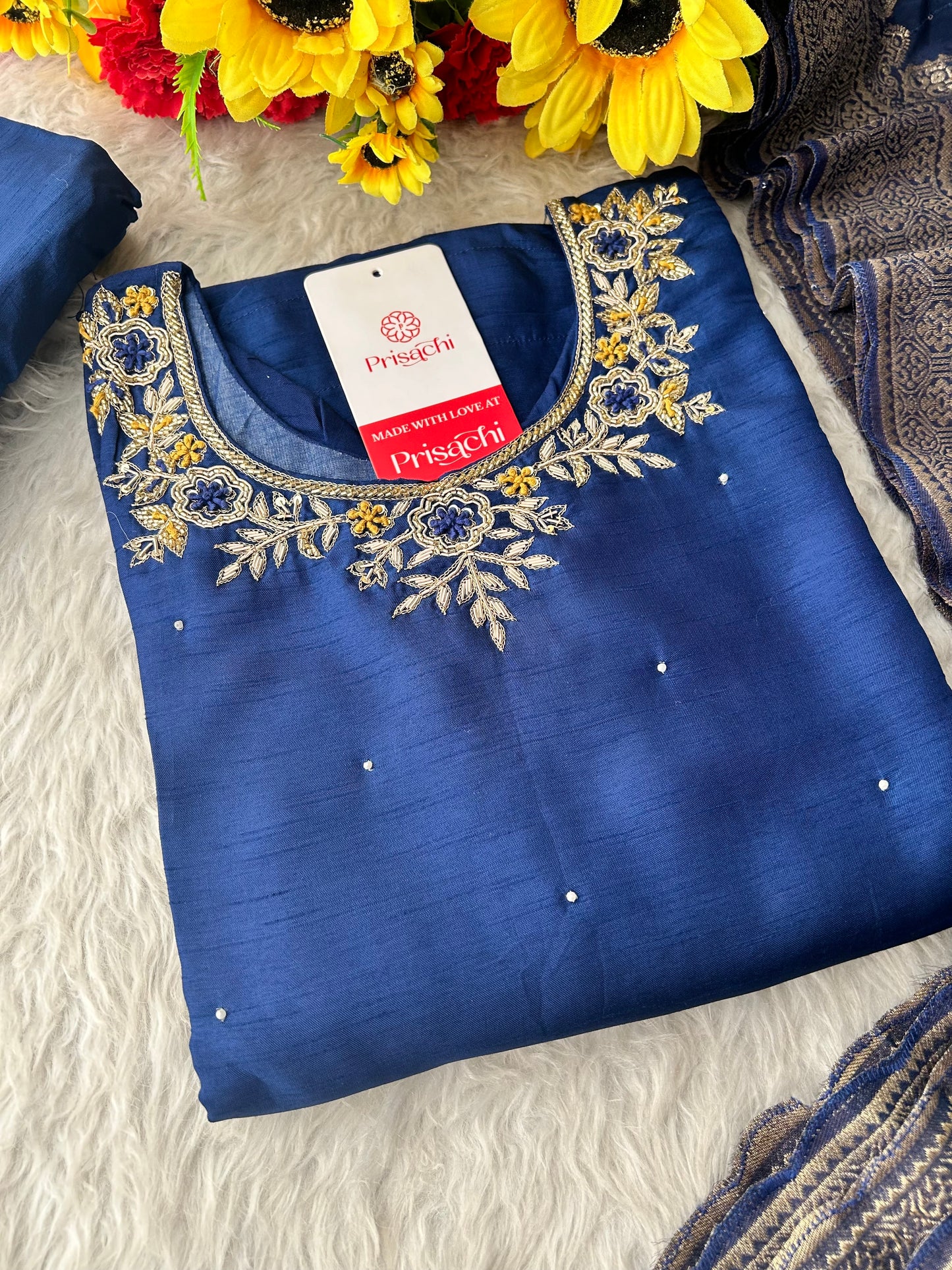 Blue Embroidered Kurta Set with Banarasi Dupatta & Pants | Hand Embroidery Ethnic Suit Set