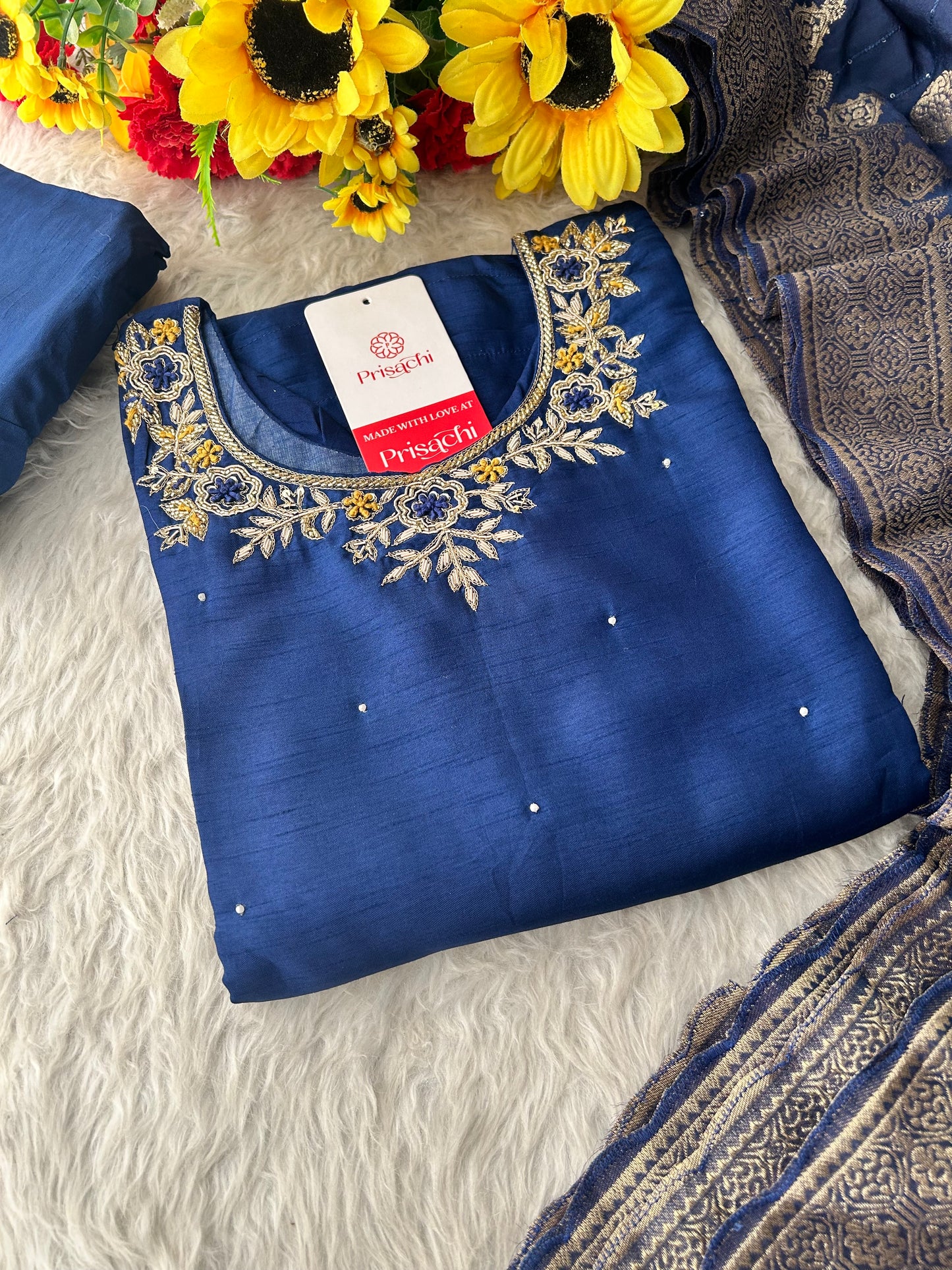 Blue Embroidered Kurta Set with Banarasi Dupatta & Pants | Hand Embroidery Ethnic Suit Set