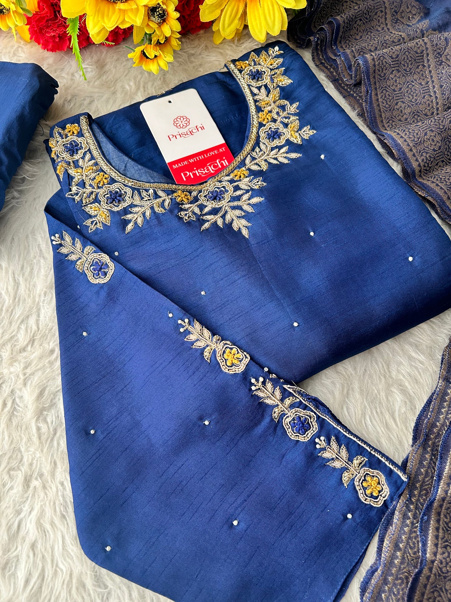 Blue Embroidered Kurta Set with Banarasi Dupatta & Pants | Hand Embroidery Ethnic Suit Set