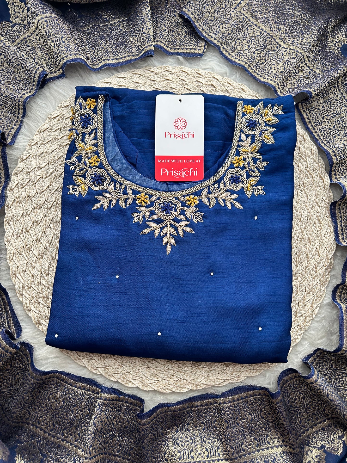 Blue Embroidered Kurta Set with Banarasi Dupatta & Pants | Hand Embroidery Ethnic Suit Set