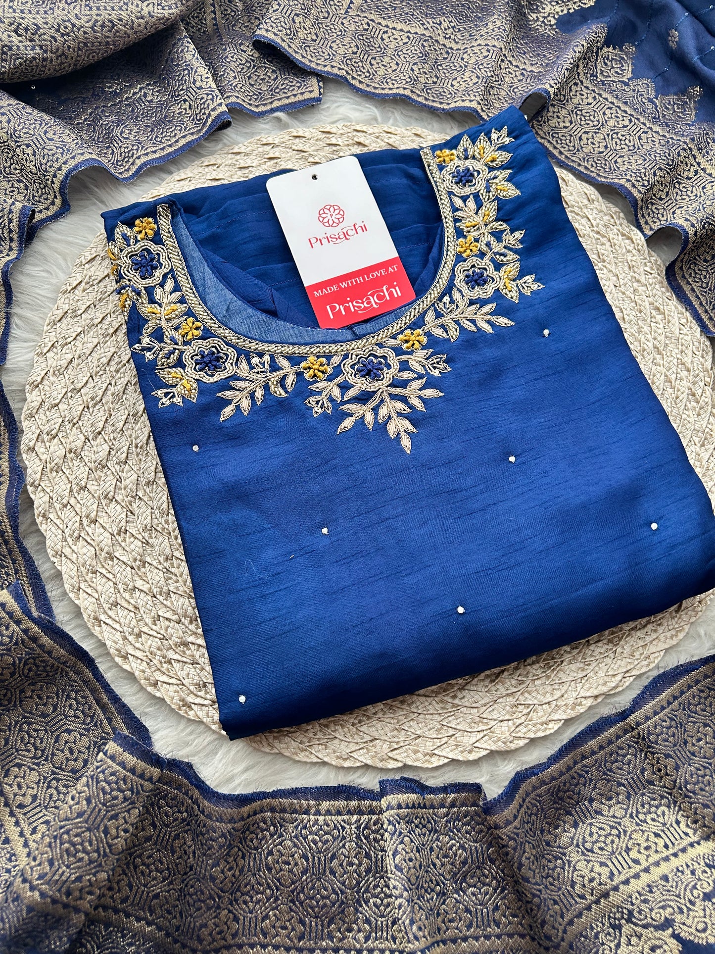 Blue Embroidered Kurta Set with Banarasi Dupatta & Pants | Hand Embroidery Ethnic Suit Set