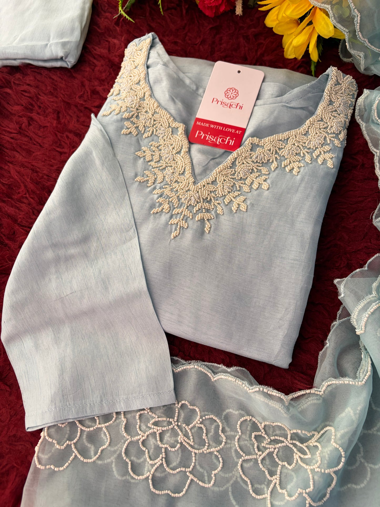 Pastel Blue Embroidered Ethnic Kurta set with Pants and Dupatta For Women's | Festive Party Wear Suit Set