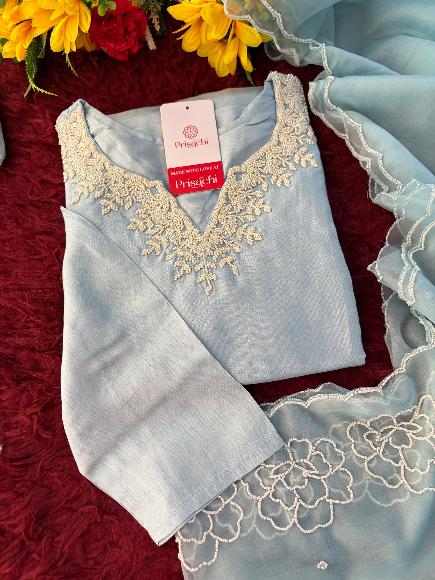 Pastel Blue Embroidered Ethnic Kurta set with Pants and Dupatta For Women's | Festive Party Wear Suit Set