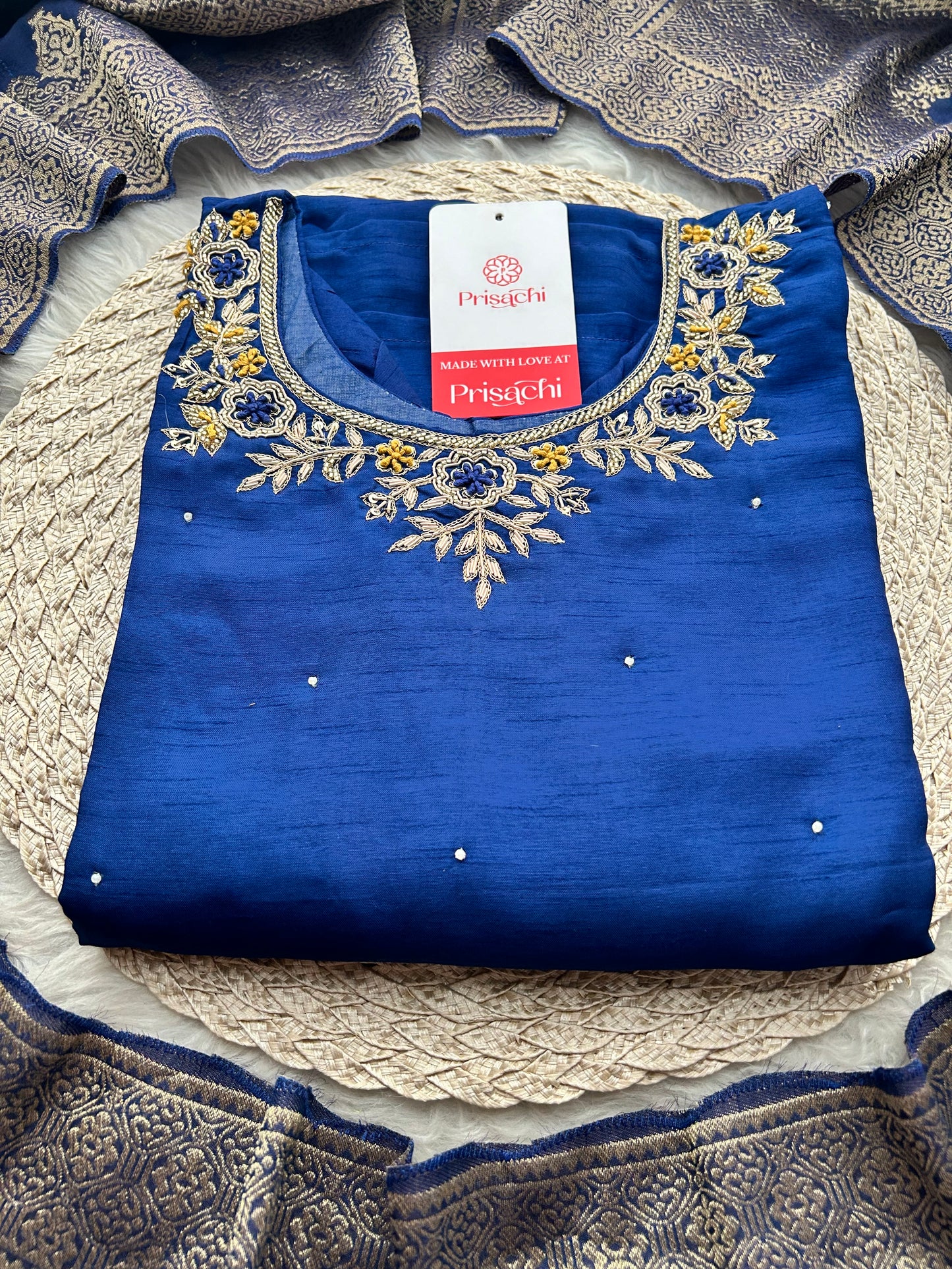 Blue Embroidered Kurta Set with Banarasi Dupatta & Pants | Hand Embroidery Ethnic Suit Set