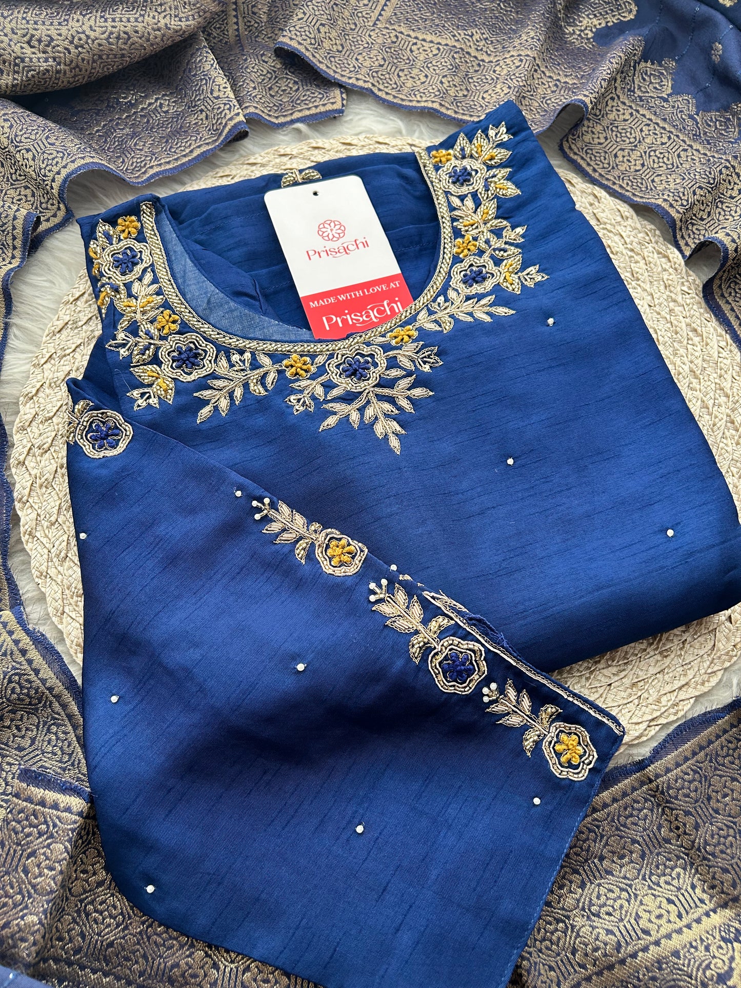 Blue Embroidered Kurta Set with Banarasi Dupatta & Pants | Hand Embroidery Ethnic Suit Set
