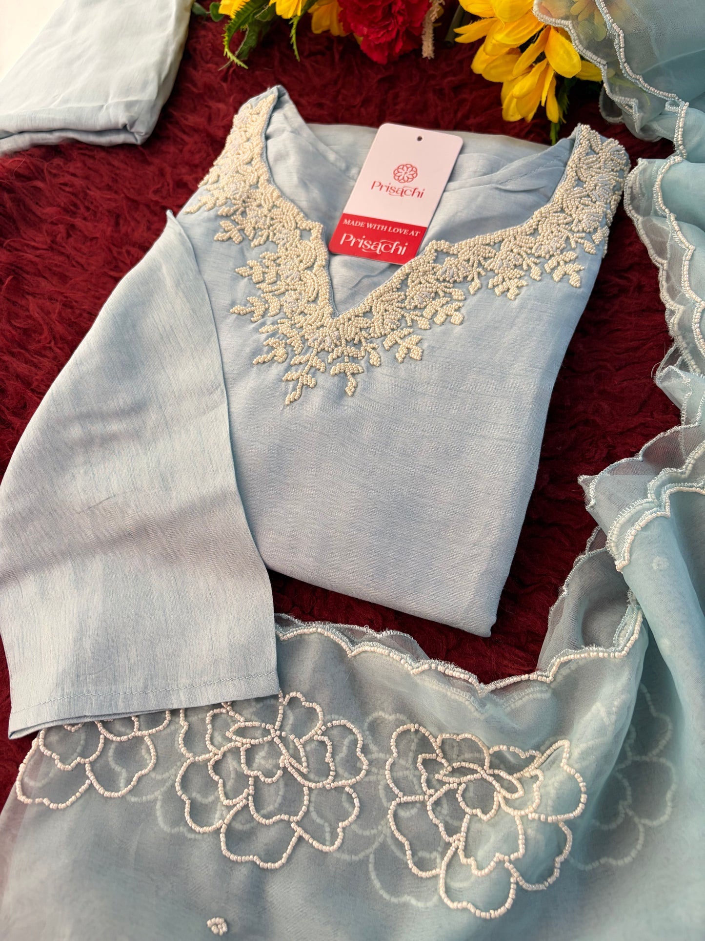 Pastel Blue Embroidered Ethnic Kurta set with Pants and Dupatta For Women's | Festive Party Wear Suit Set