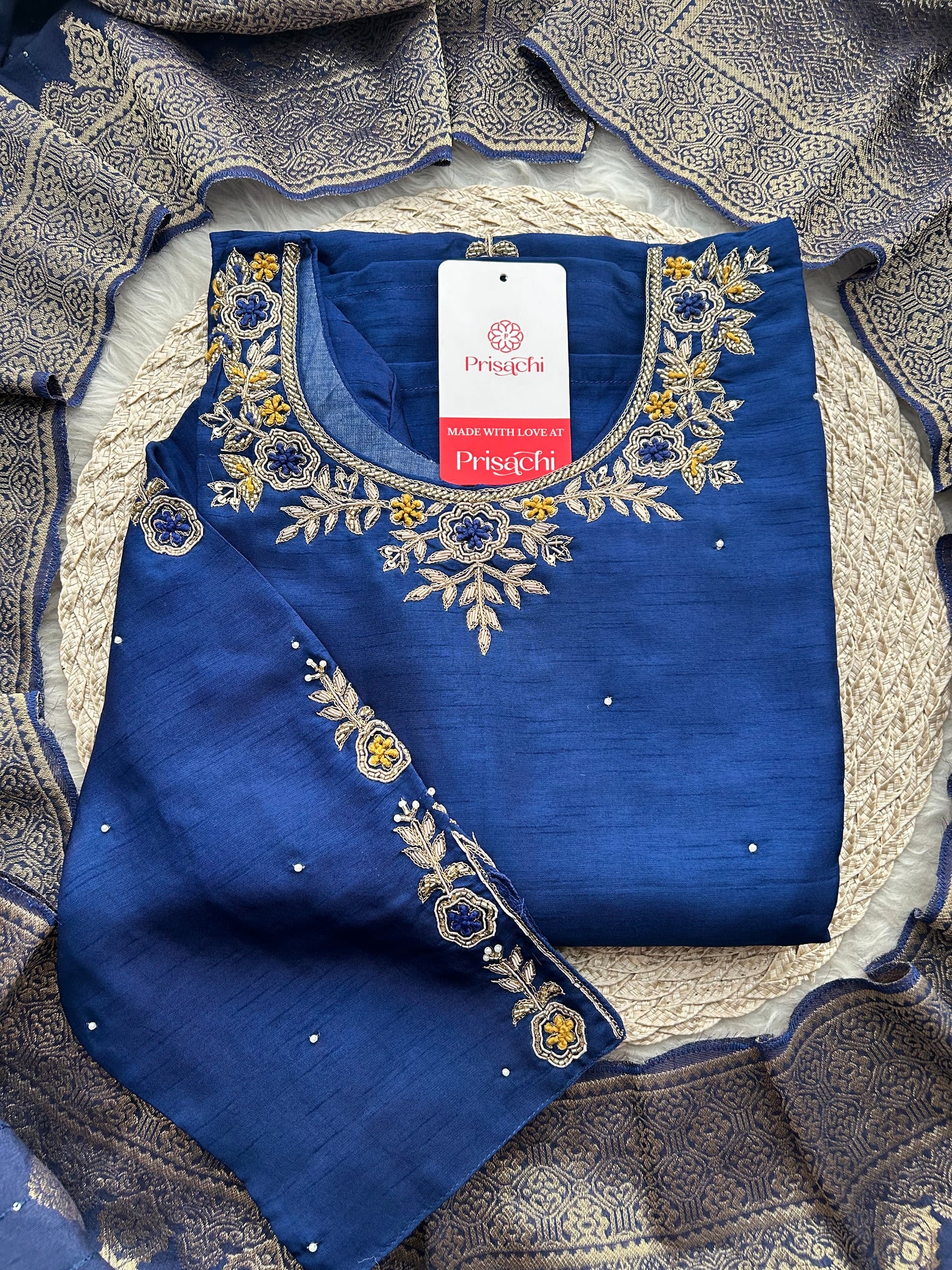 Blue Embroidered Kurta Set with Banarasi Dupatta & Pants | Hand Embroidery Ethnic Suit Set